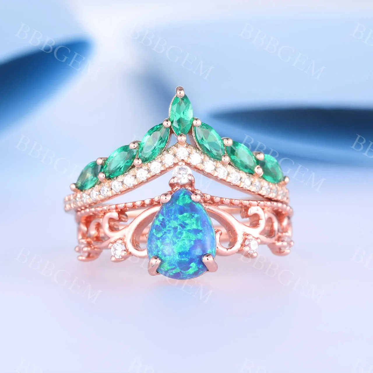 Black Opal Emerald Engagement Ring Set Rose Gold Vintage Antique Floral Wedding Ring