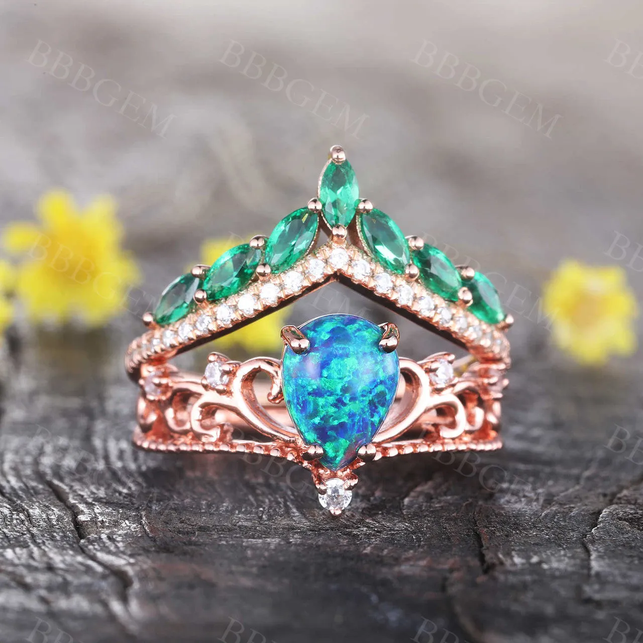 Black Opal Emerald Engagement Ring Set Rose Gold Vintage Antique Floral Wedding Ring