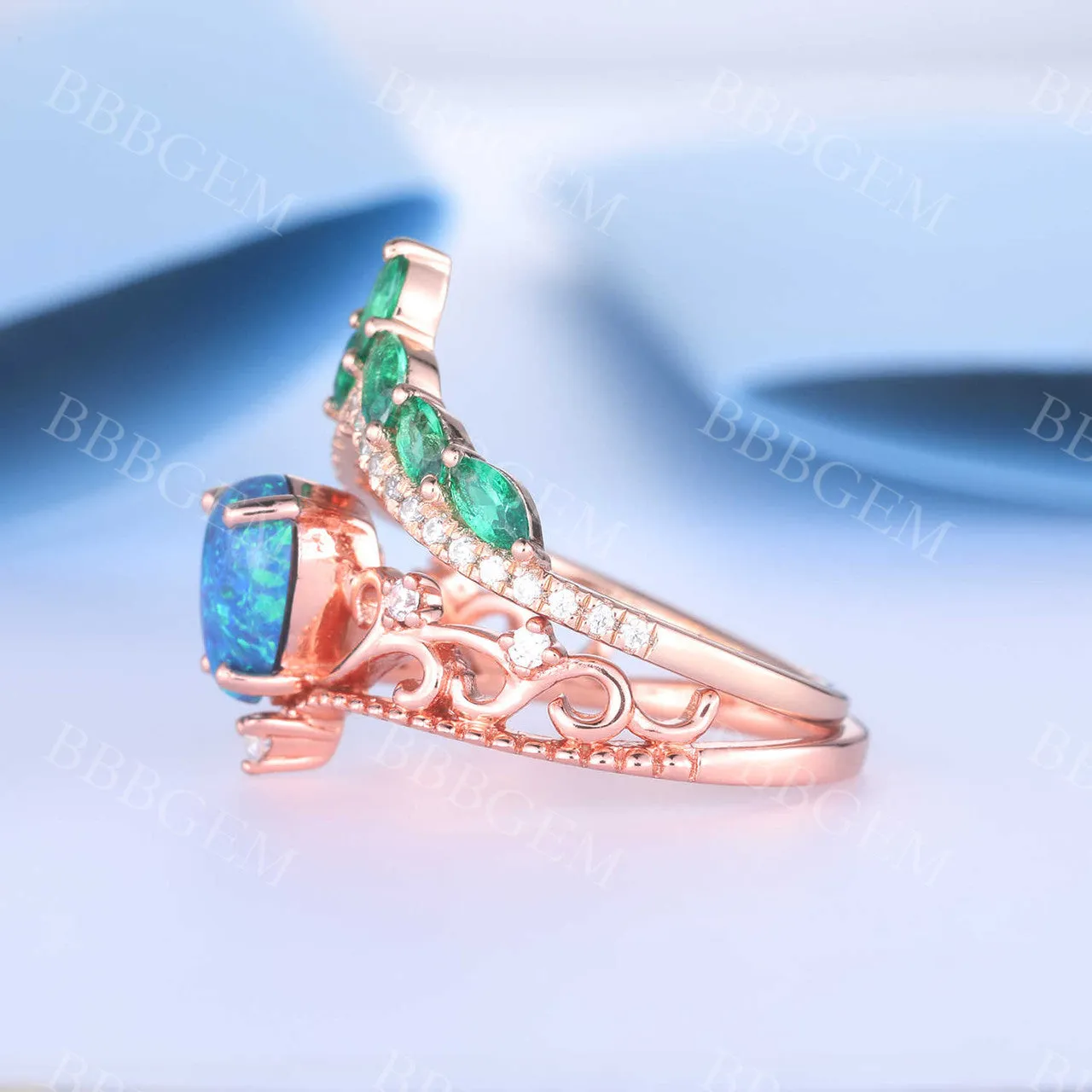 Black Opal Emerald Engagement Ring Set Rose Gold Vintage Antique Floral Wedding Ring