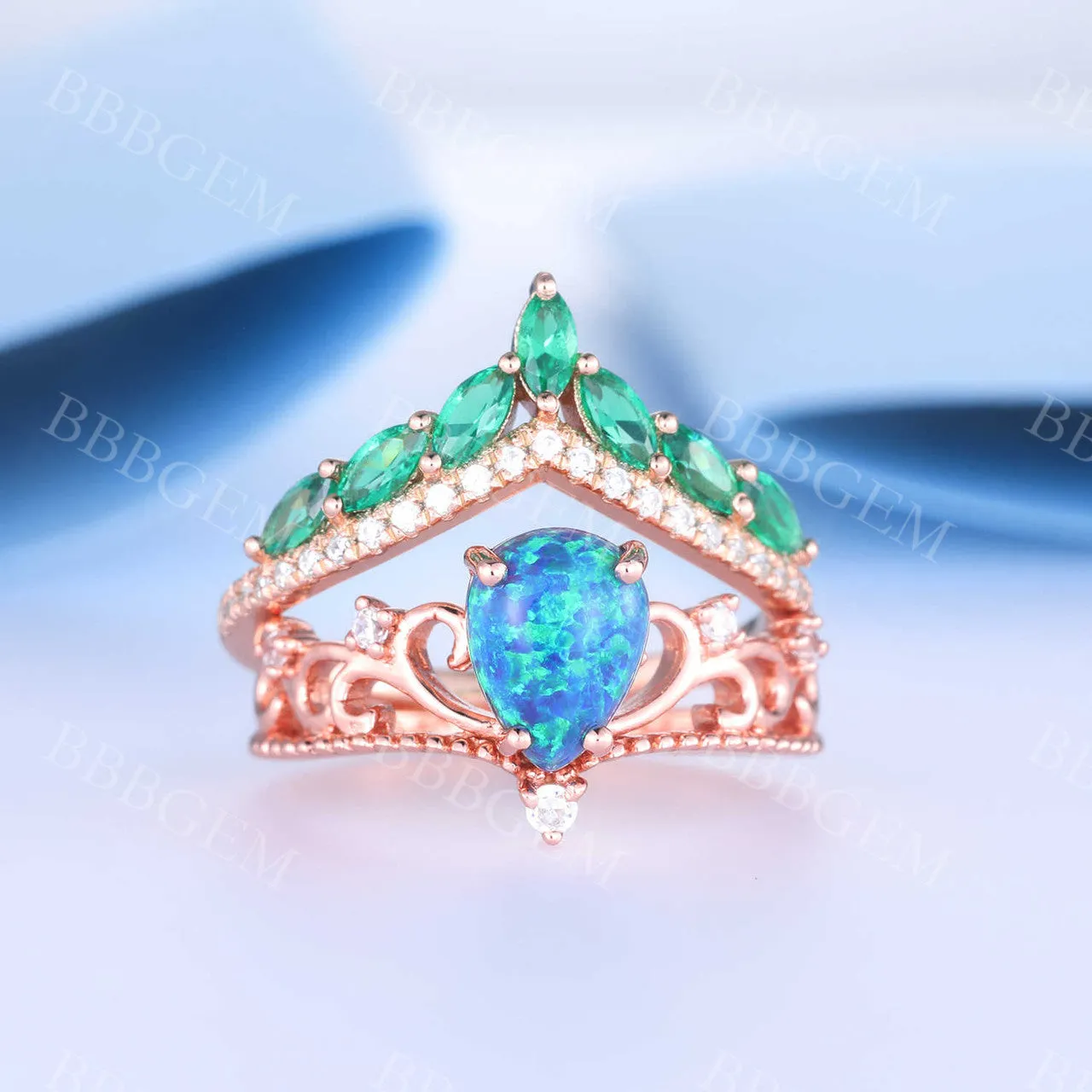 Black Opal Emerald Engagement Ring Set Rose Gold Vintage Antique Floral Wedding Ring