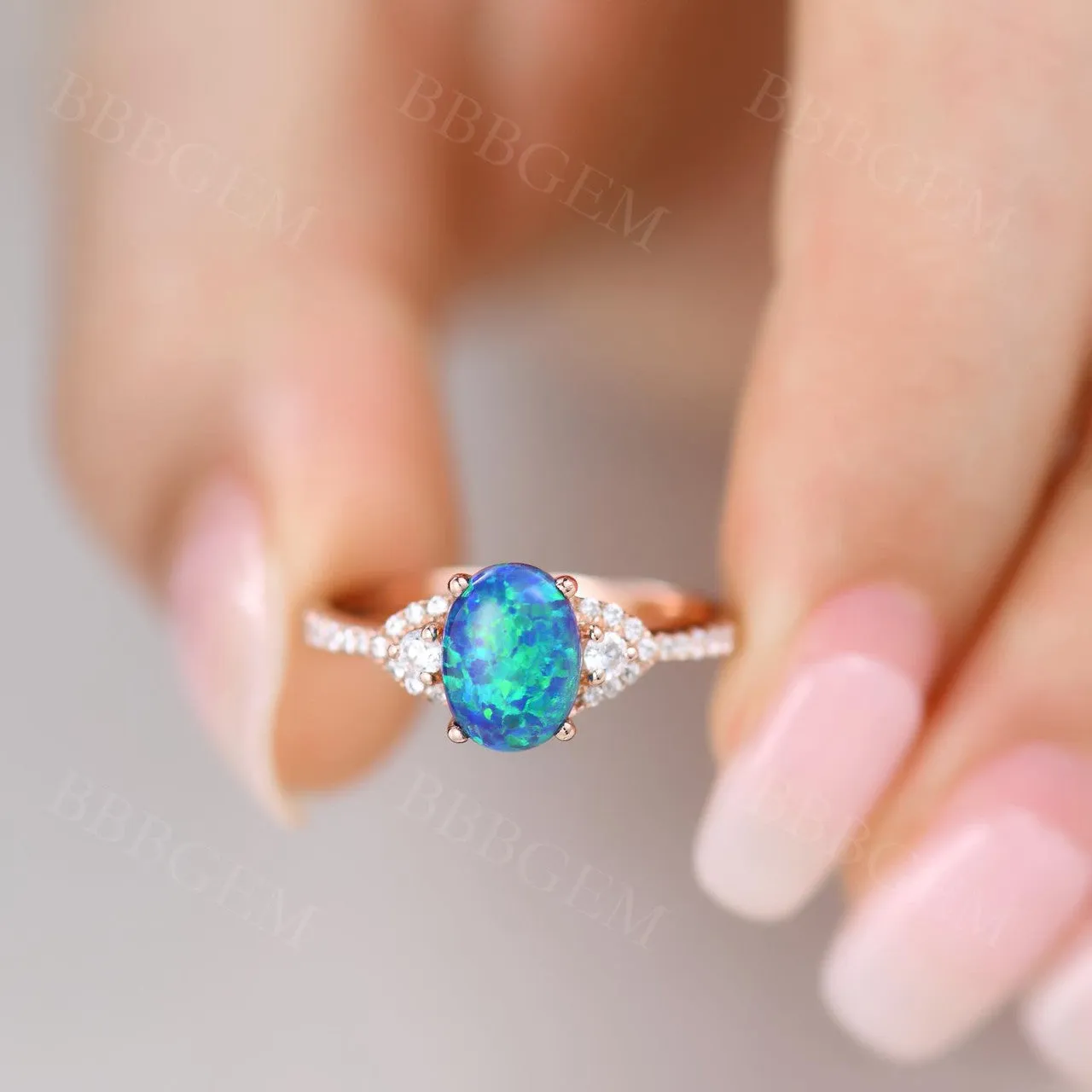 Black Opal Ring Rose Gold Diamond Engagement Ring Women 6x8mm Opal Natural Diamonds