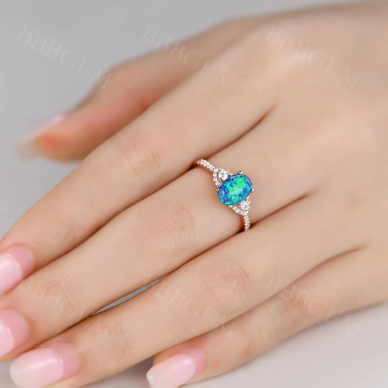 Black Opal Ring Rose Gold Diamond Engagement Ring Women 6x8mm Opal Natural Diamonds