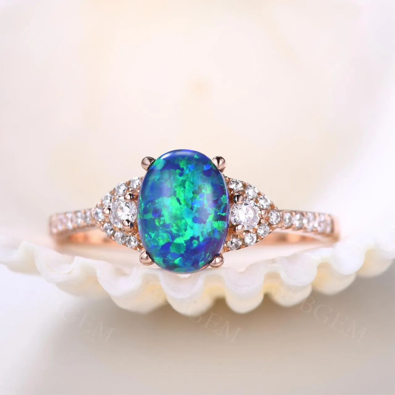 Black Opal Ring Rose Gold Diamond Engagement Ring Women 6x8mm Opal Natural Diamonds