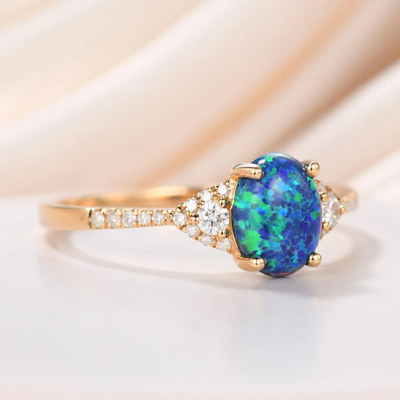 Black Opal Ring Rose Gold Diamond Engagement Ring Women 6x8mm Opal Natural Diamonds