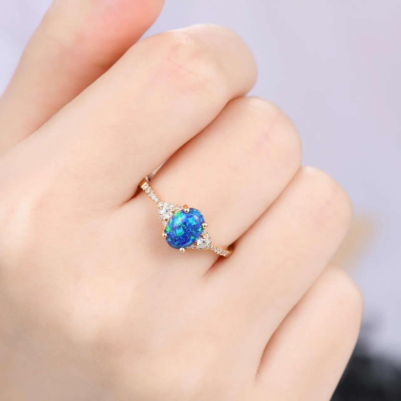 Black Opal Ring Rose Gold Diamond Engagement Ring Women 6x8mm Opal Natural Diamonds