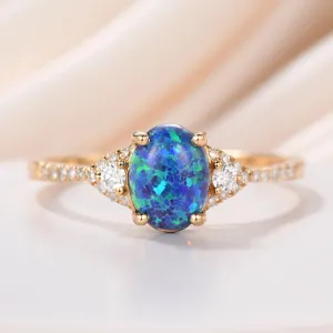 Black Opal Ring Rose Gold Diamond Engagement Ring Women 6x8mm Opal Natural Diamonds