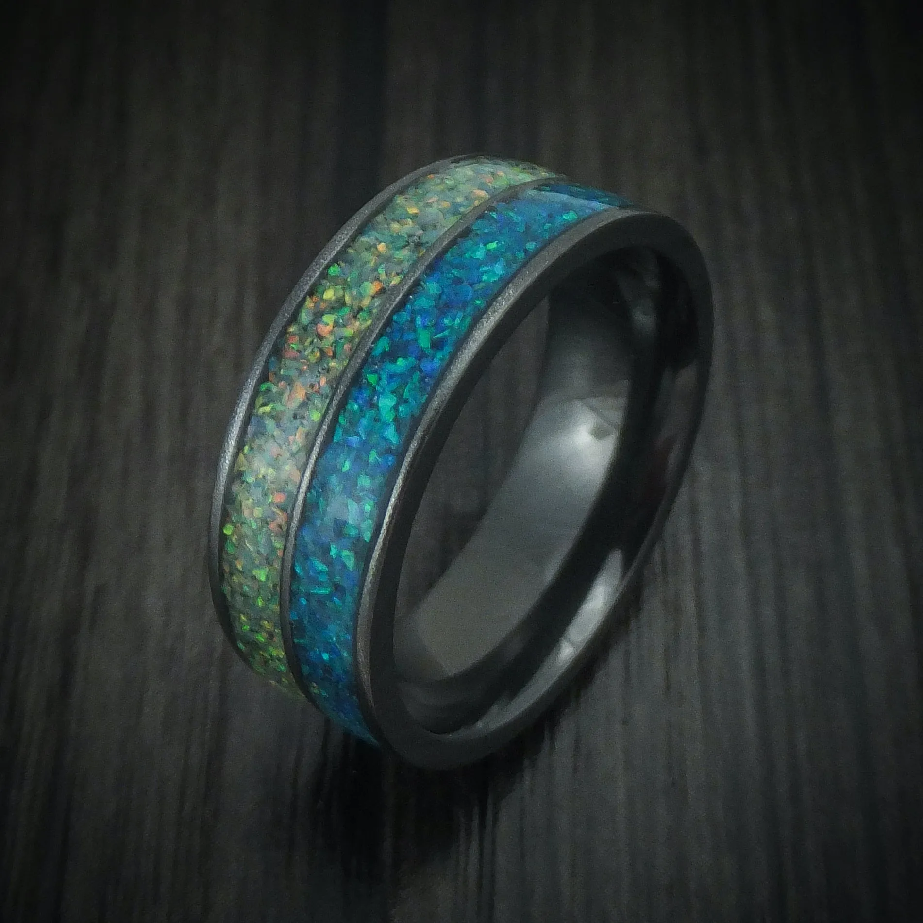 Black Titanium And Opal Men's Ring Custom Made Band