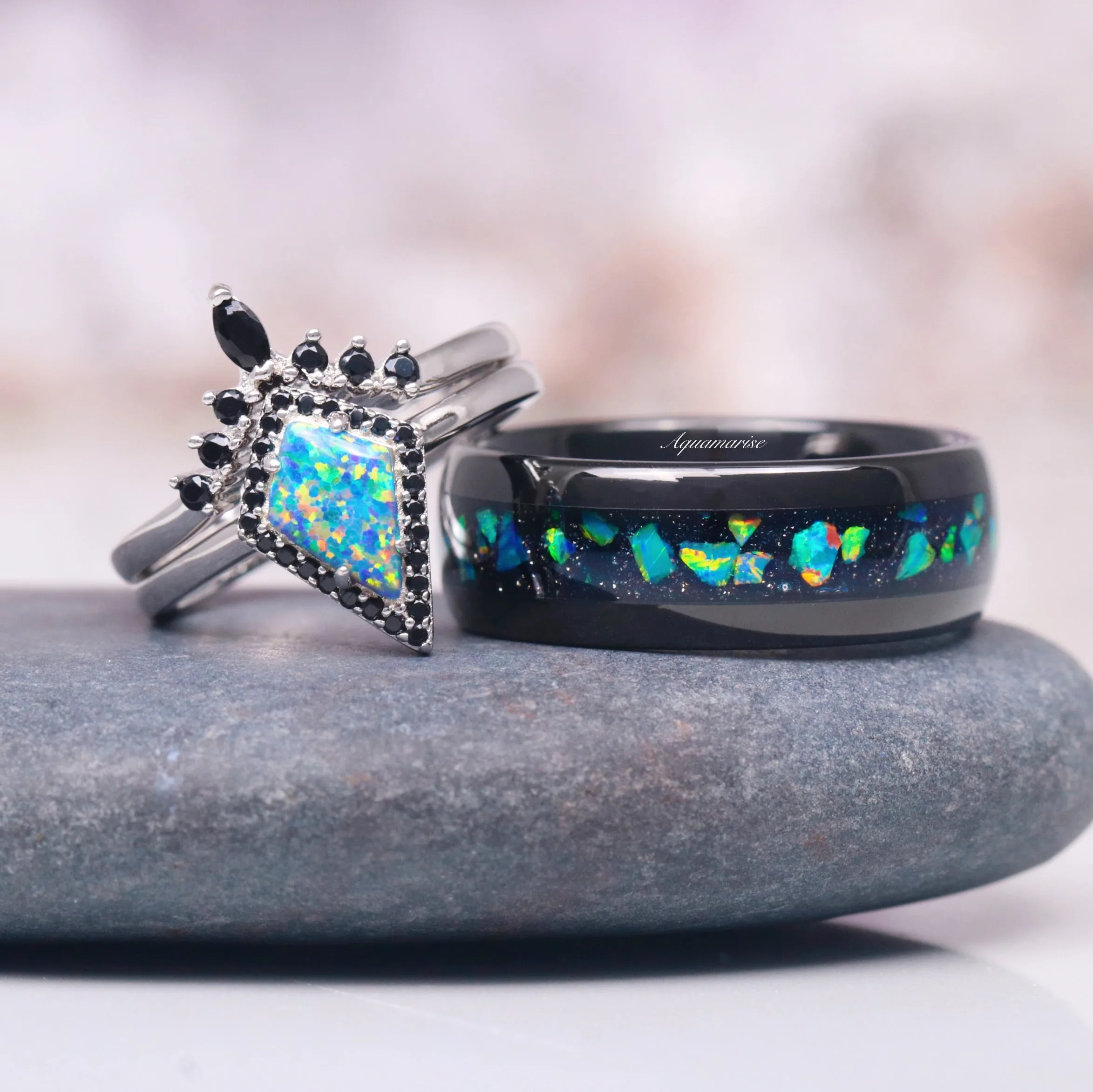 Blue/ Green Fire Opal & Black Onyx Kite Ring Set- 925 Sterling Silver