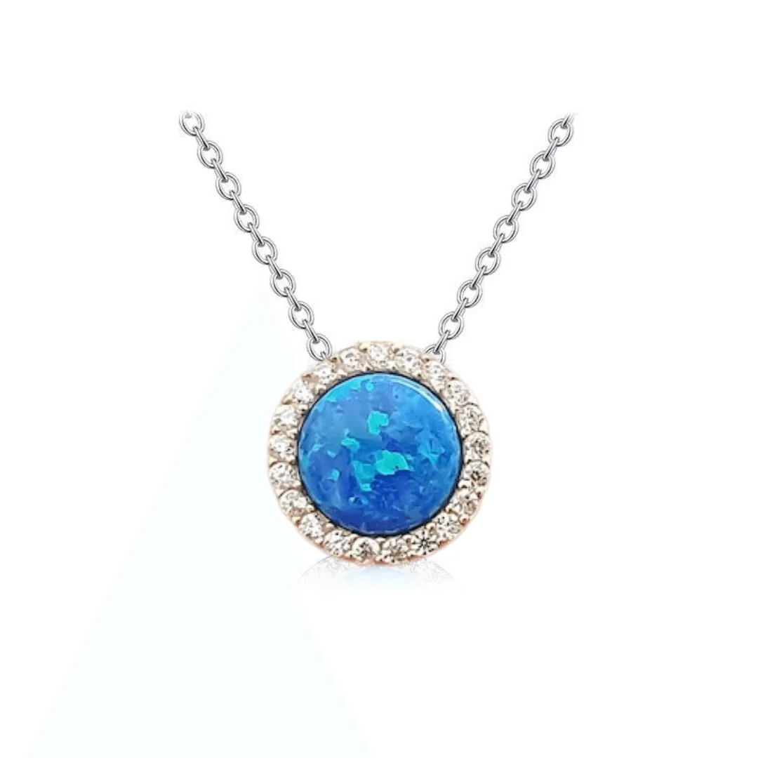 Blue Opal Round Halo Necklace