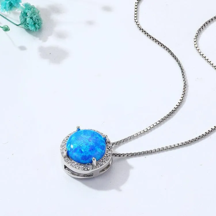 Blue Opal Round Halo Necklace