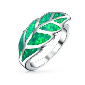 Boho Gemstone Green Opal Inlay Ivy Leaf Silver Ring - Western Jewelry Sterling