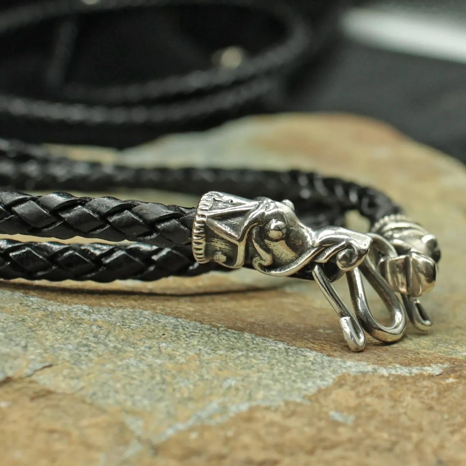 Braided Leather Necklace with Silver Gotlandic Dragon Heads