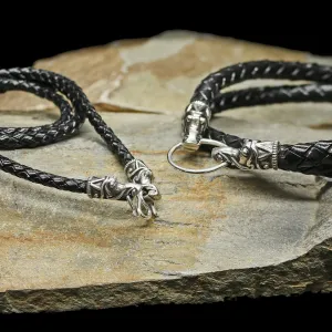 Braided Leather Necklace with Silver Gotlandic Dragon Heads