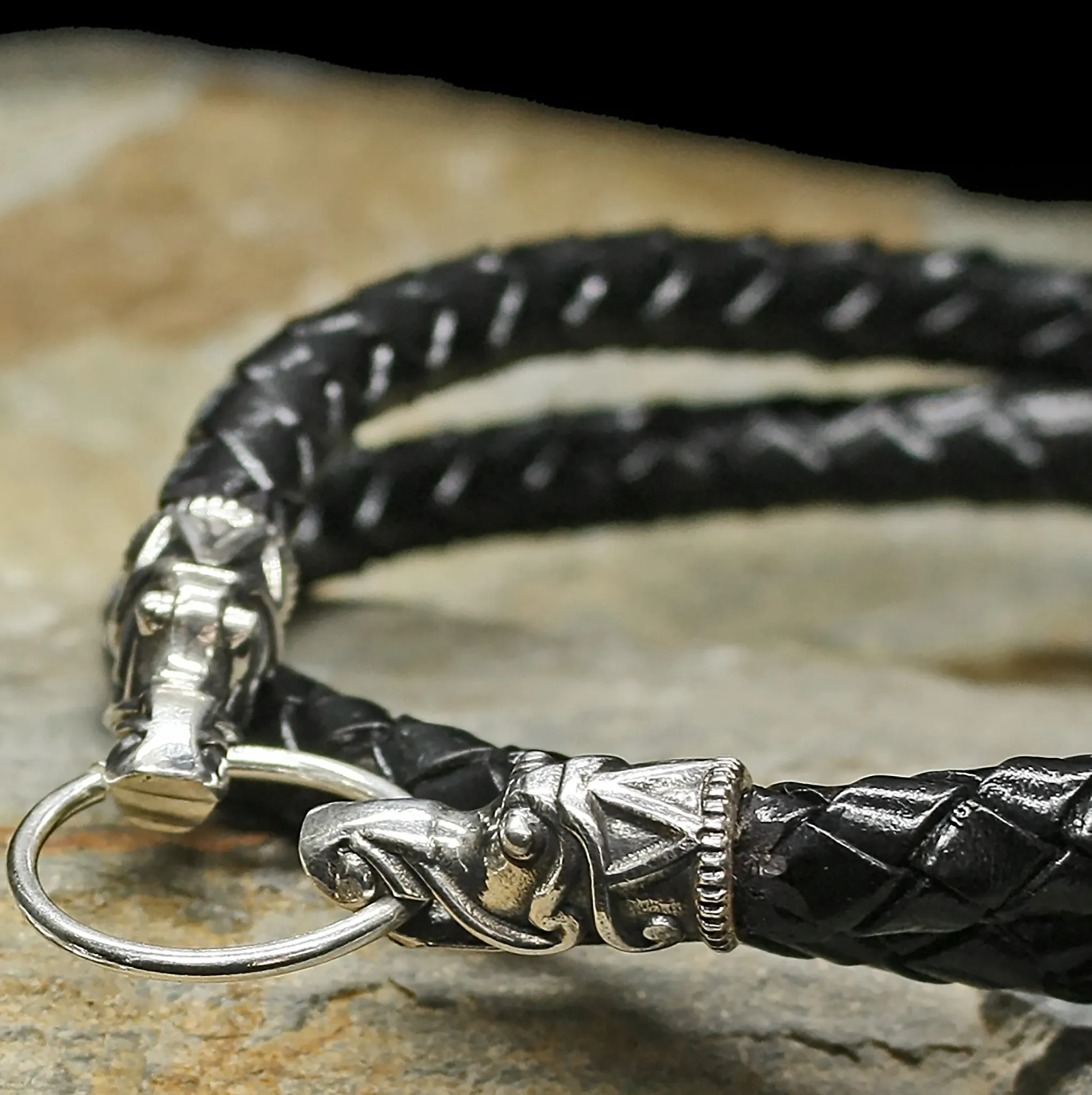 Braided Leather Necklace with Silver Gotlandic Dragon Heads