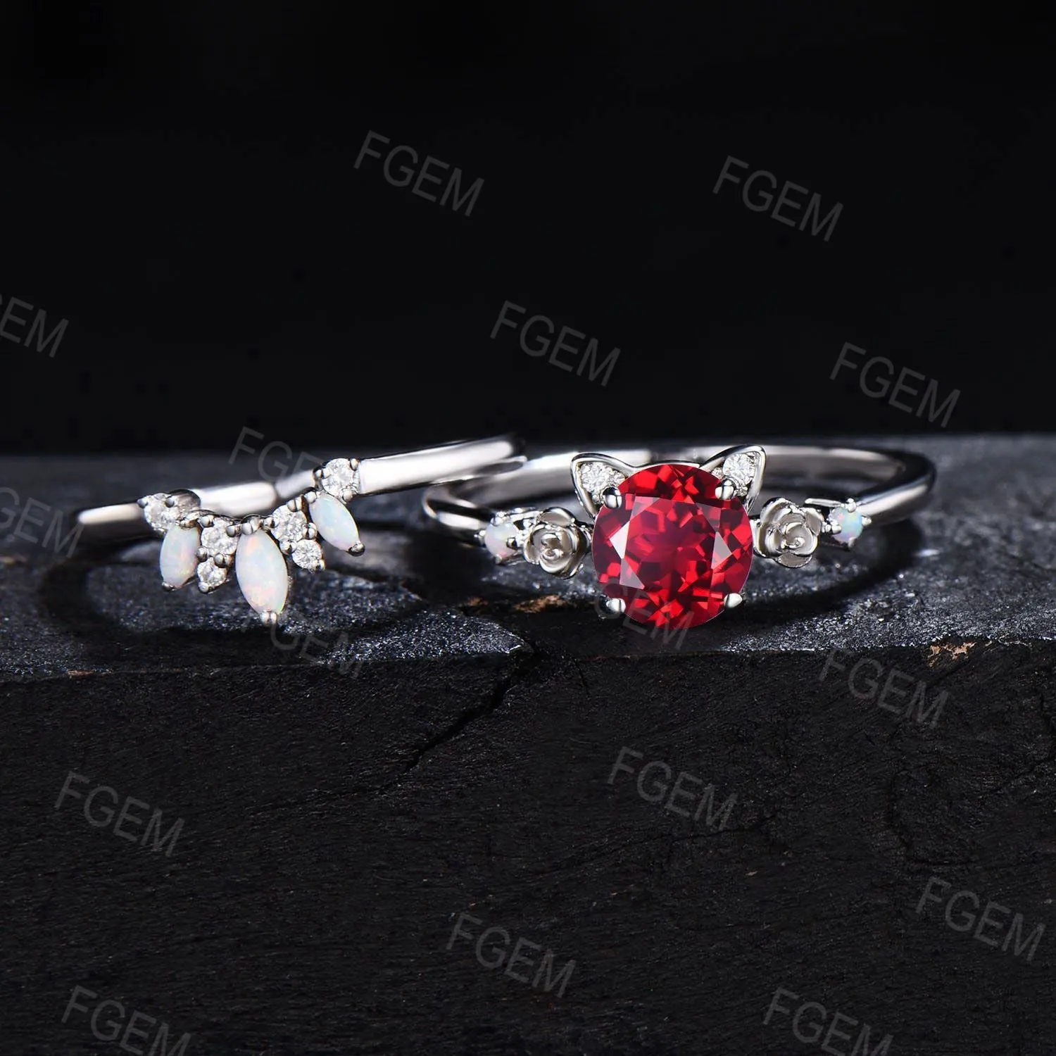 Cat Round Ruby Engagement Ring Set Floral 6.5mm Red Gemstone Bridal Set Gold Kitten Opal Bridal Set July Birthstone Ring Gift for Cat Lovers