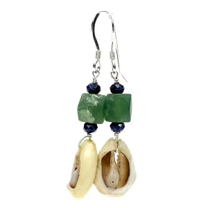 Cowrie Shell With Serpentine and Sapphire Earrings With Sterling Silver French Wires