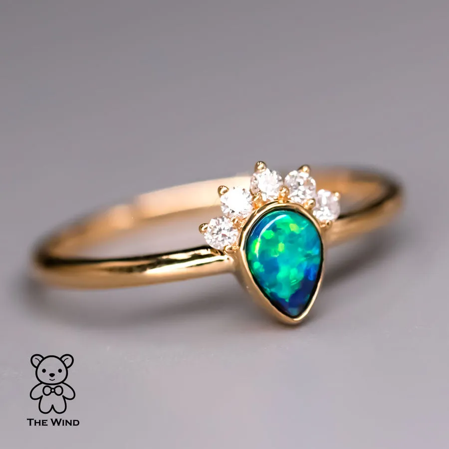 Crown Design Australian Black Opal Diamond Engagement Wedding Ring 18K Yellow Gold