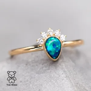 Crown Design Australian Black Opal Diamond Engagement Wedding Ring 18K Yellow Gold