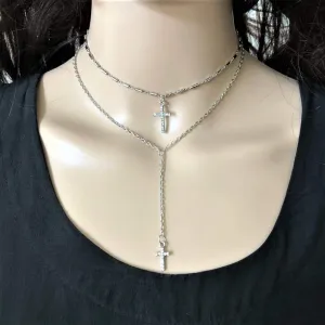 Crystal Double Layered Cross Gold or Silver Necklace