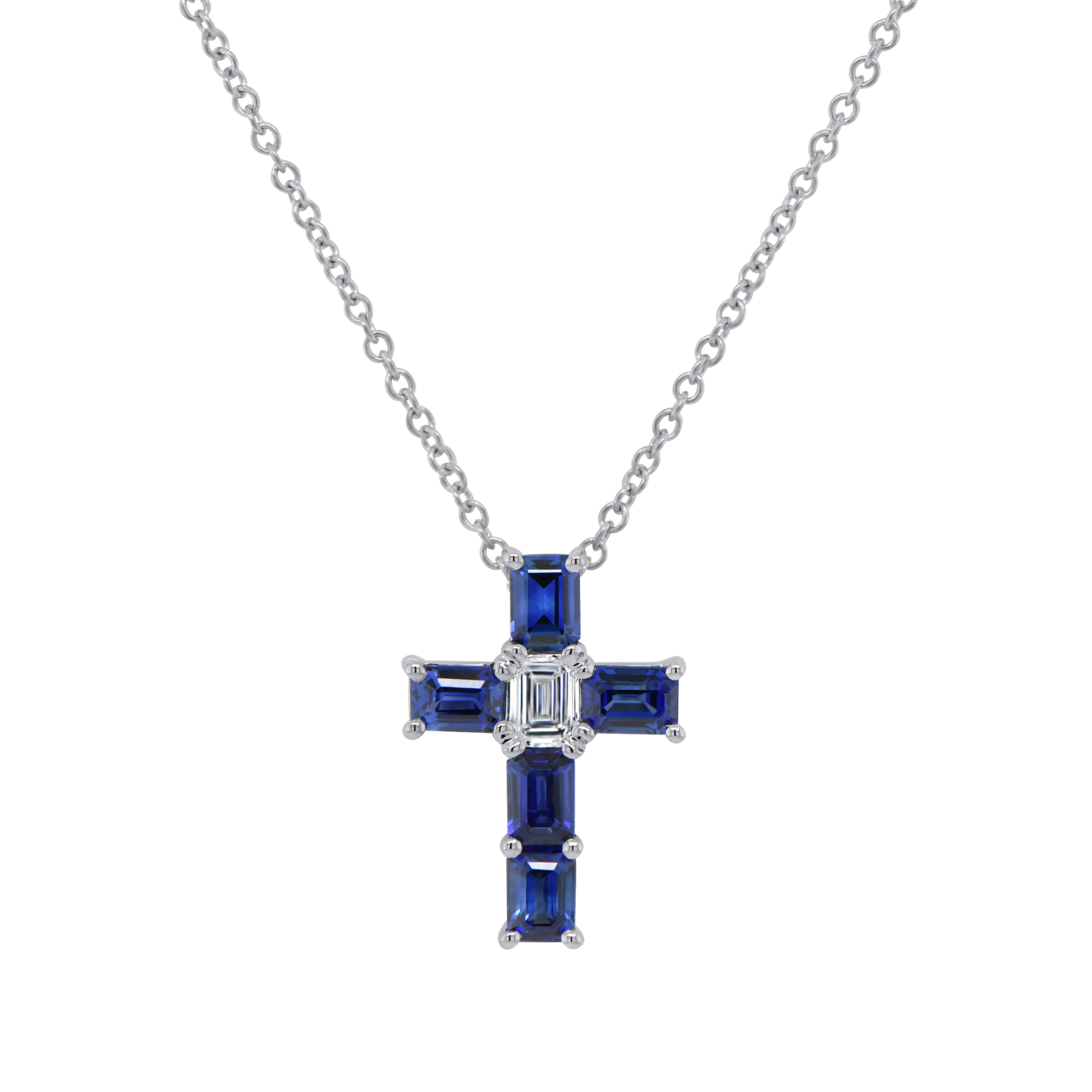 Diamond and Blue Sapphire Cross Brooch Pendant