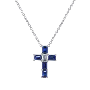 Diamond and Blue Sapphire Cross Brooch Pendant