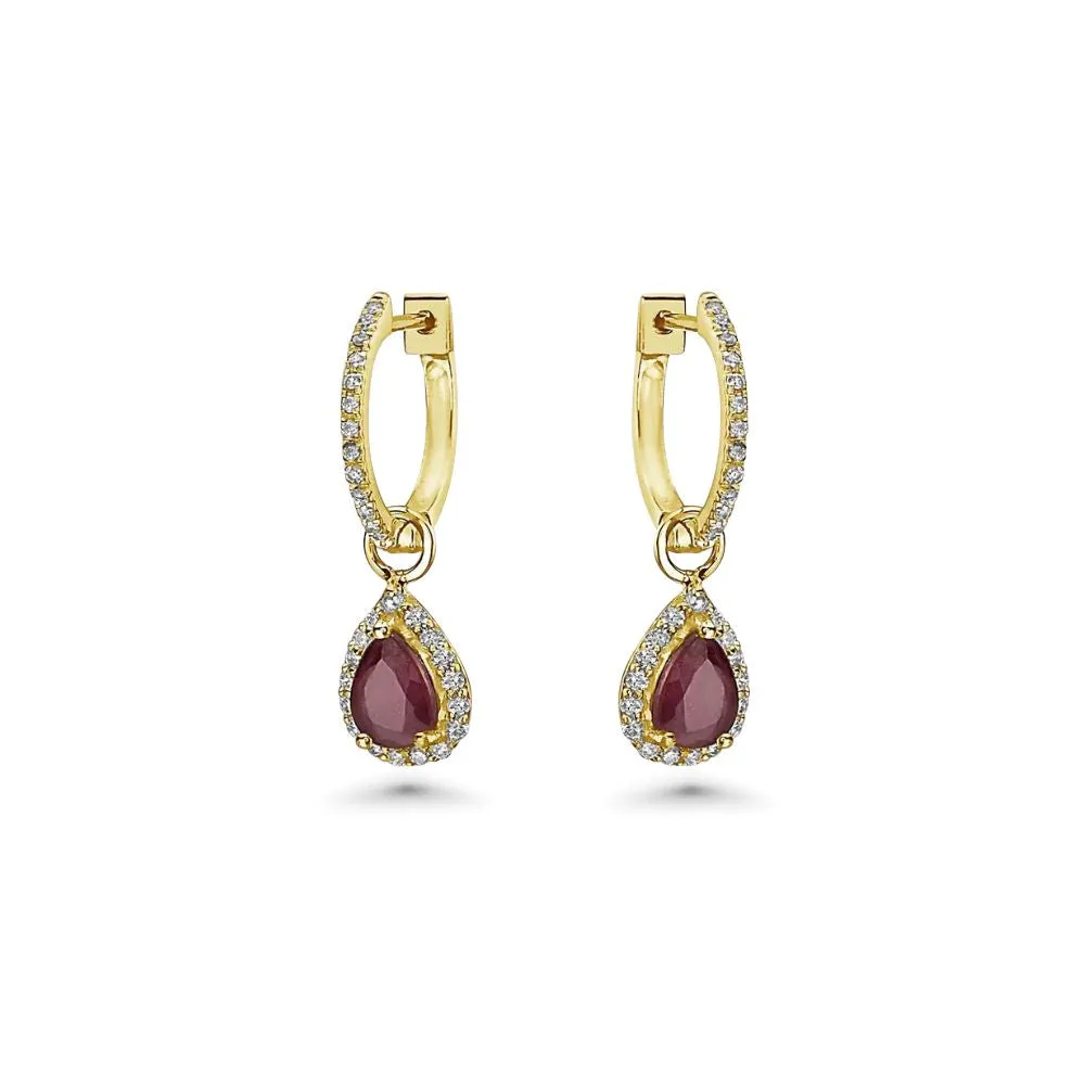 Diamond Hoop & Dangle Red Ruby Pear Shape With Diamond Halo Earrings (1.69 ct.) in 14K Gold