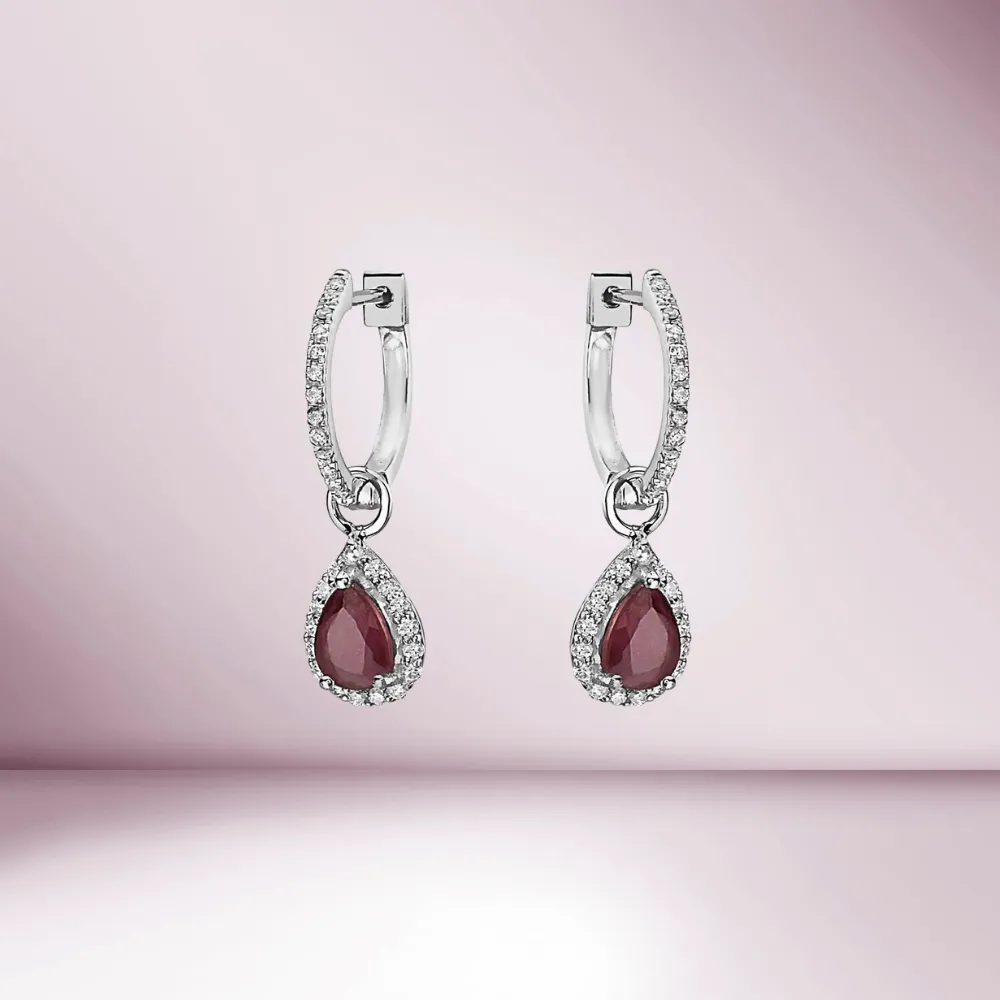 Diamond Hoop & Dangle Red Ruby Pear Shape With Diamond Halo Earrings (1.69 ct.) in 14K Gold