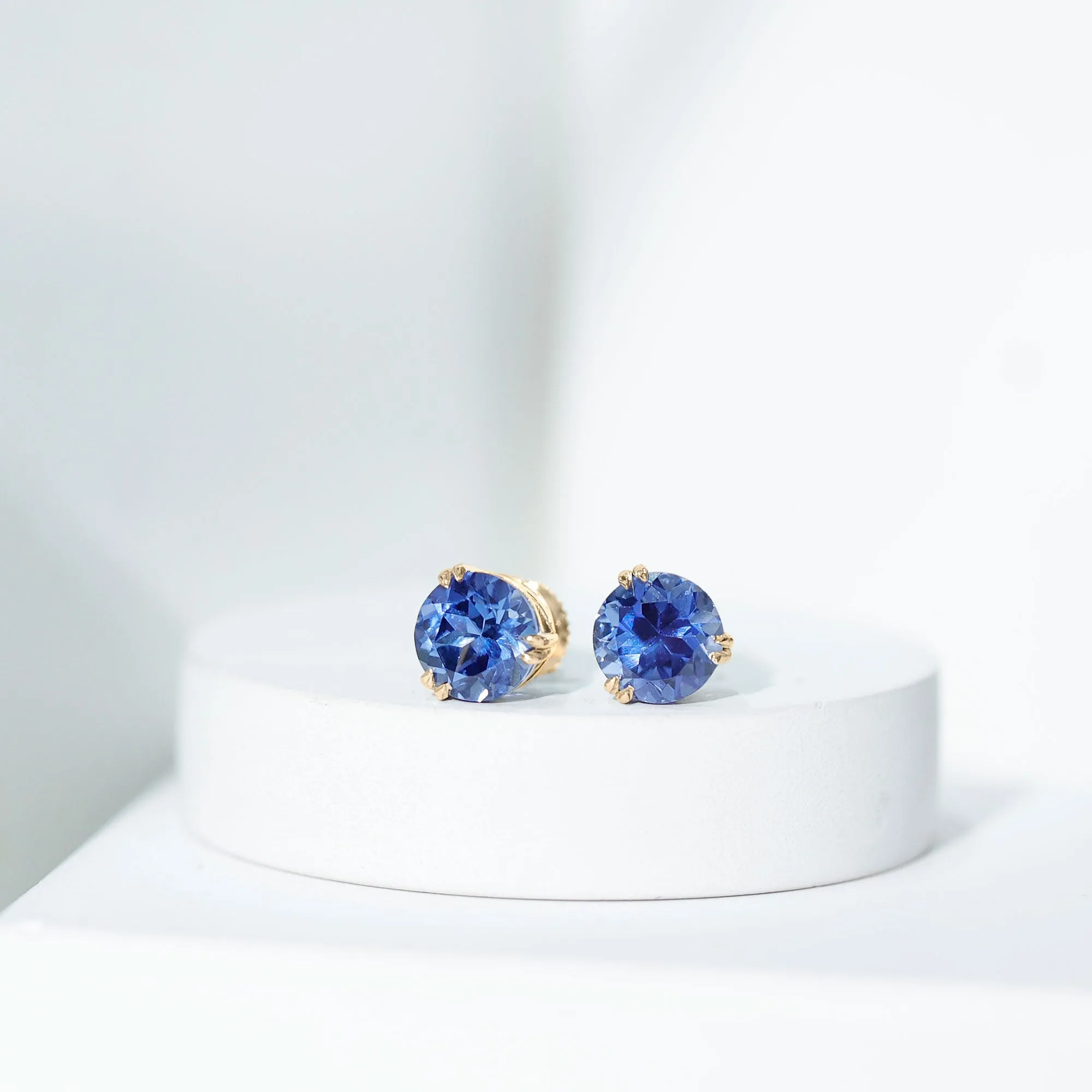 Double Claw Set Round Created Blue Sapphire Solitaire Stud Earrings