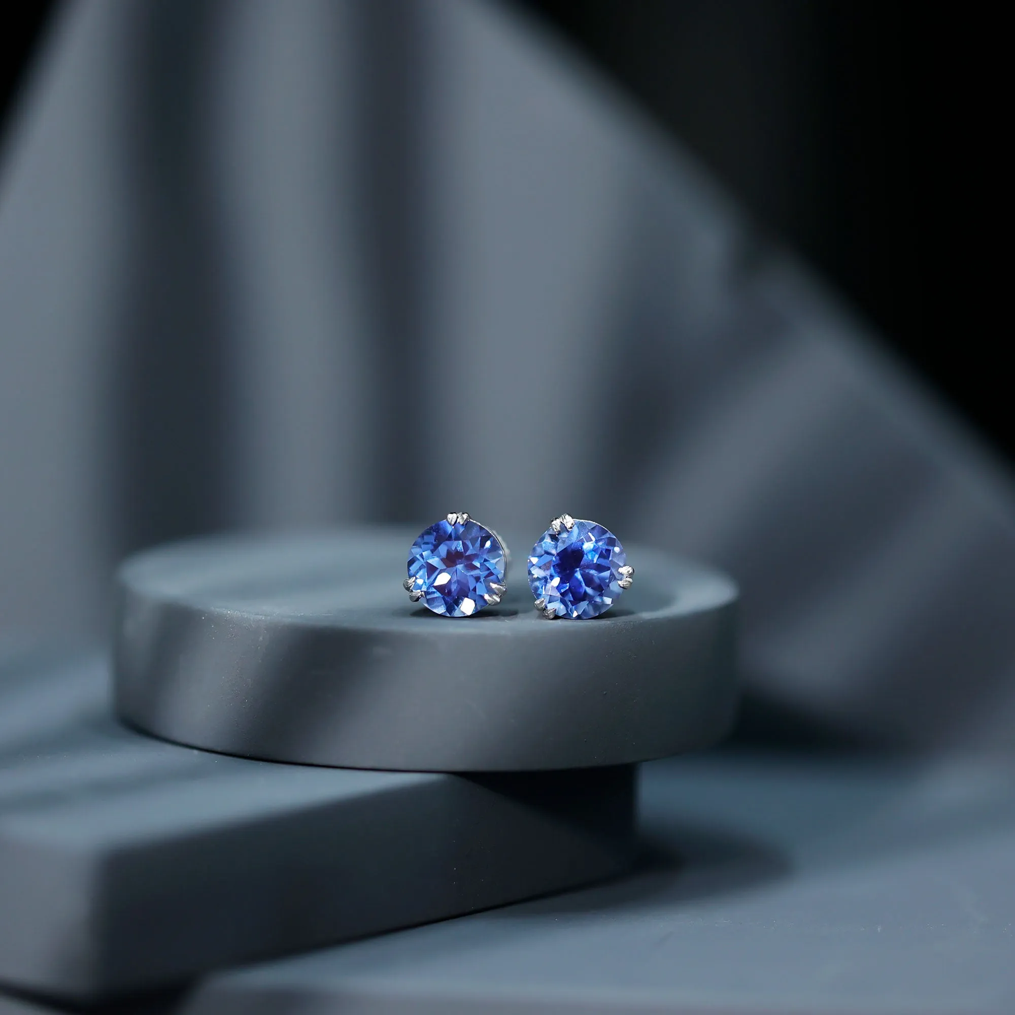 Double Claw Set Round Created Blue Sapphire Solitaire Stud Earrings