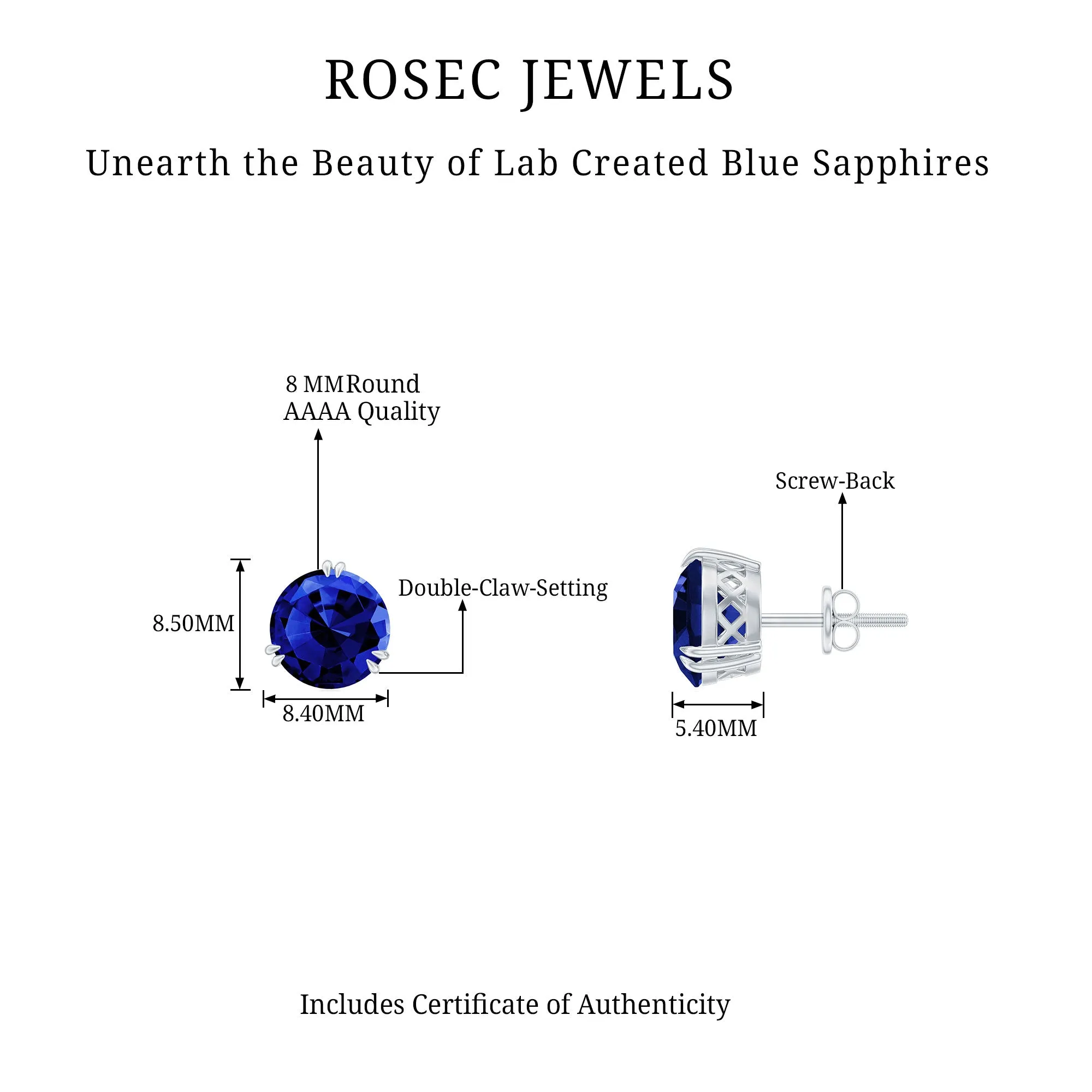 Double Claw Set Round Created Blue Sapphire Solitaire Stud Earrings