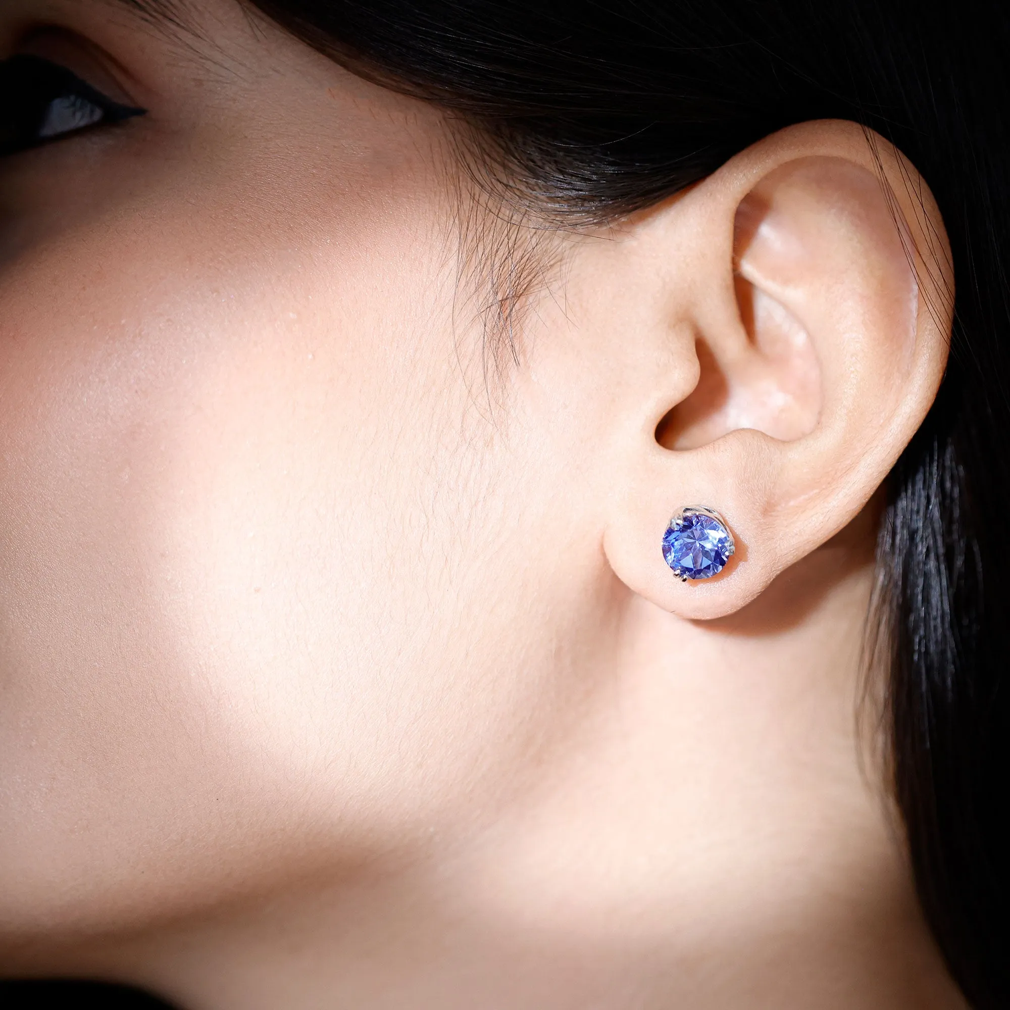 Double Claw Set Round Created Blue Sapphire Solitaire Stud Earrings