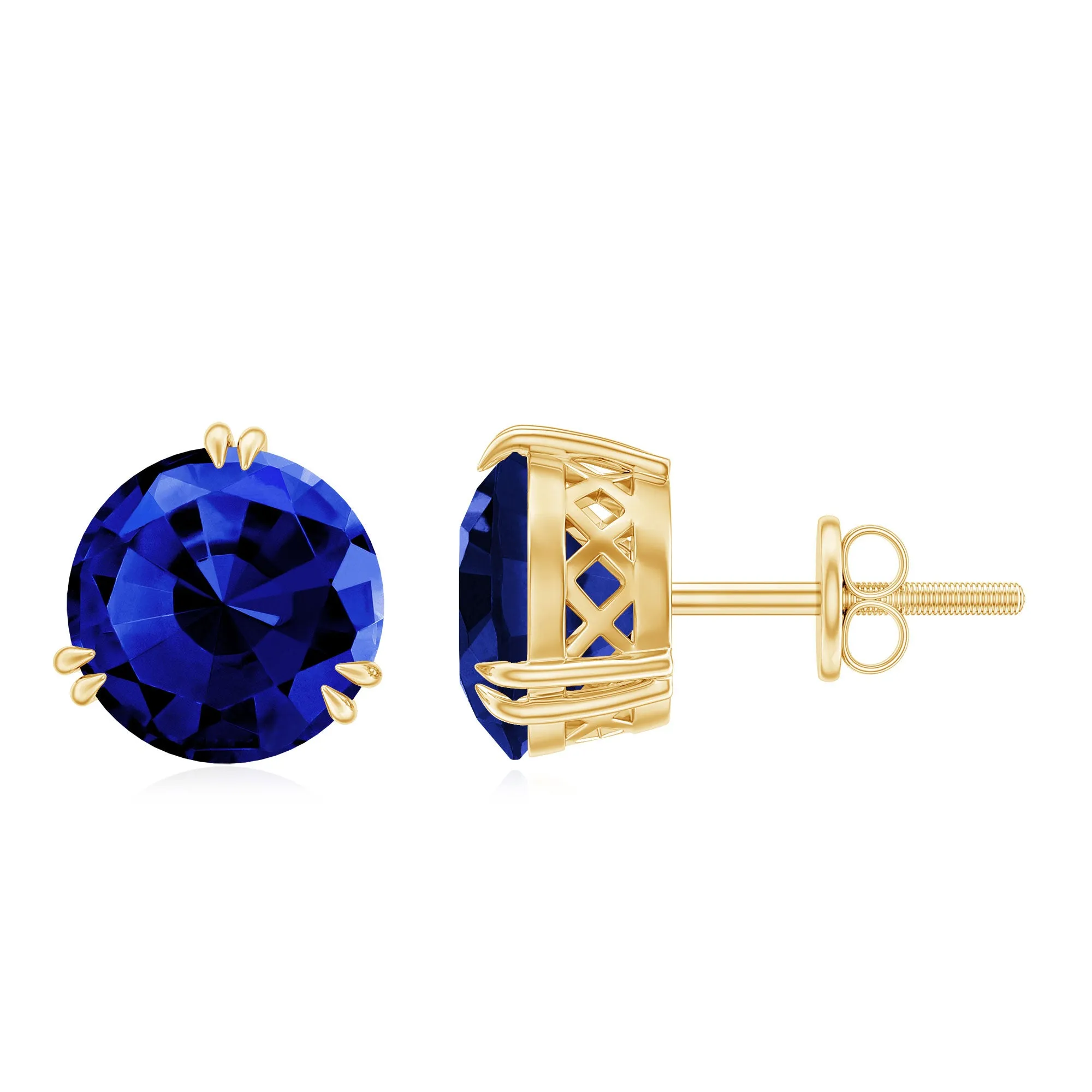 Double Claw Set Round Created Blue Sapphire Solitaire Stud Earrings