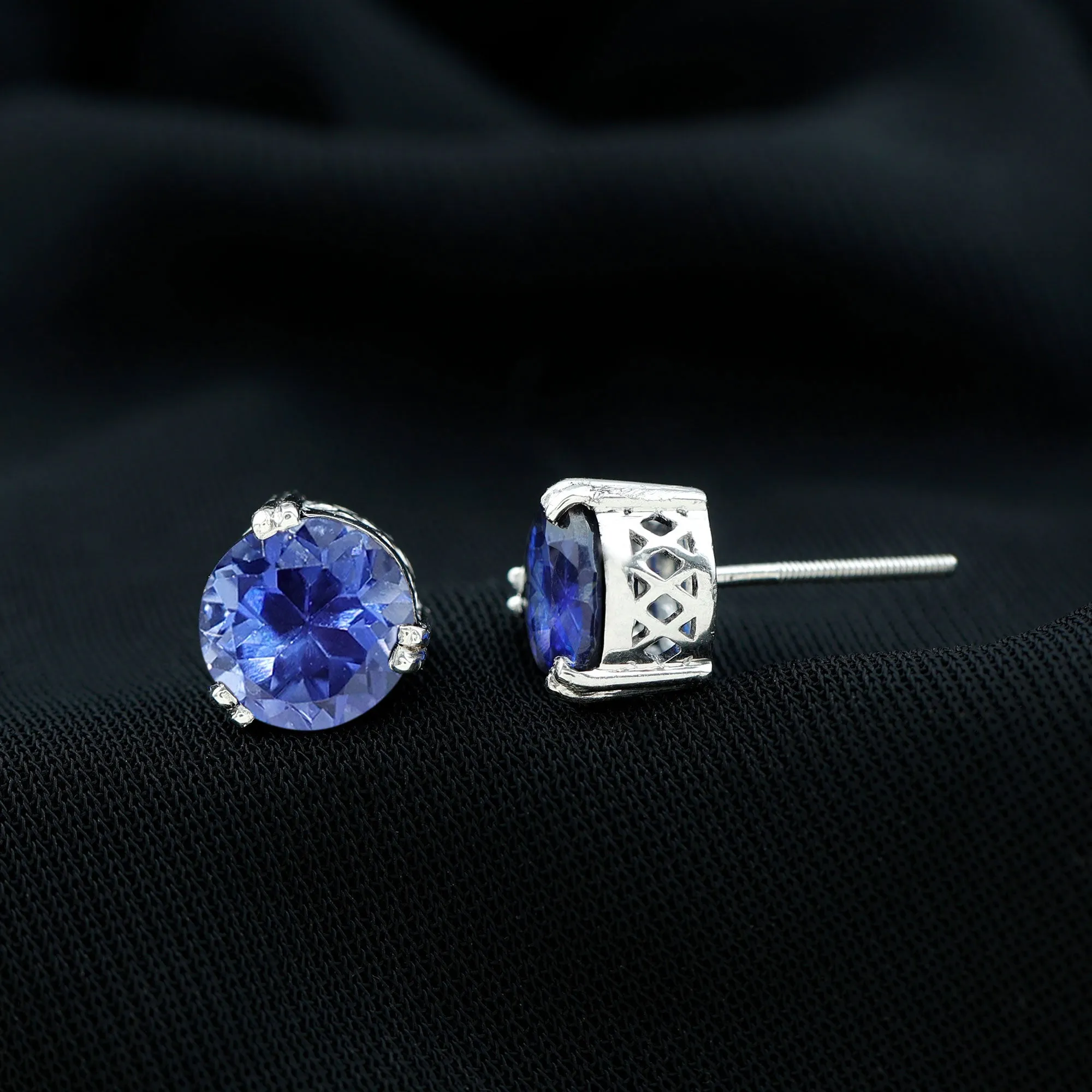 Double Claw Set Round Created Blue Sapphire Solitaire Stud Earrings