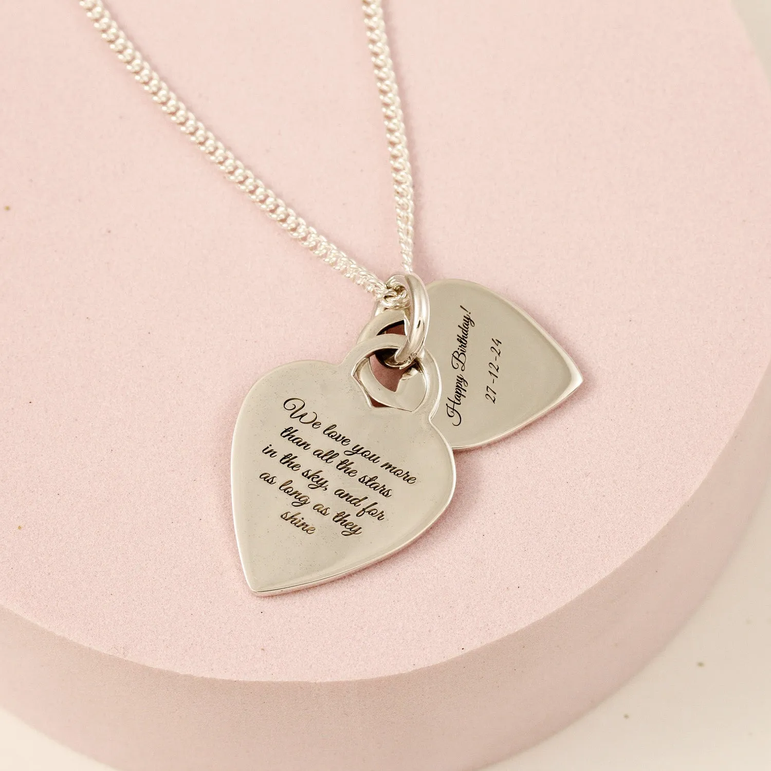 Duo Large Heart Tag Personalised Curve Name Silver Necklace