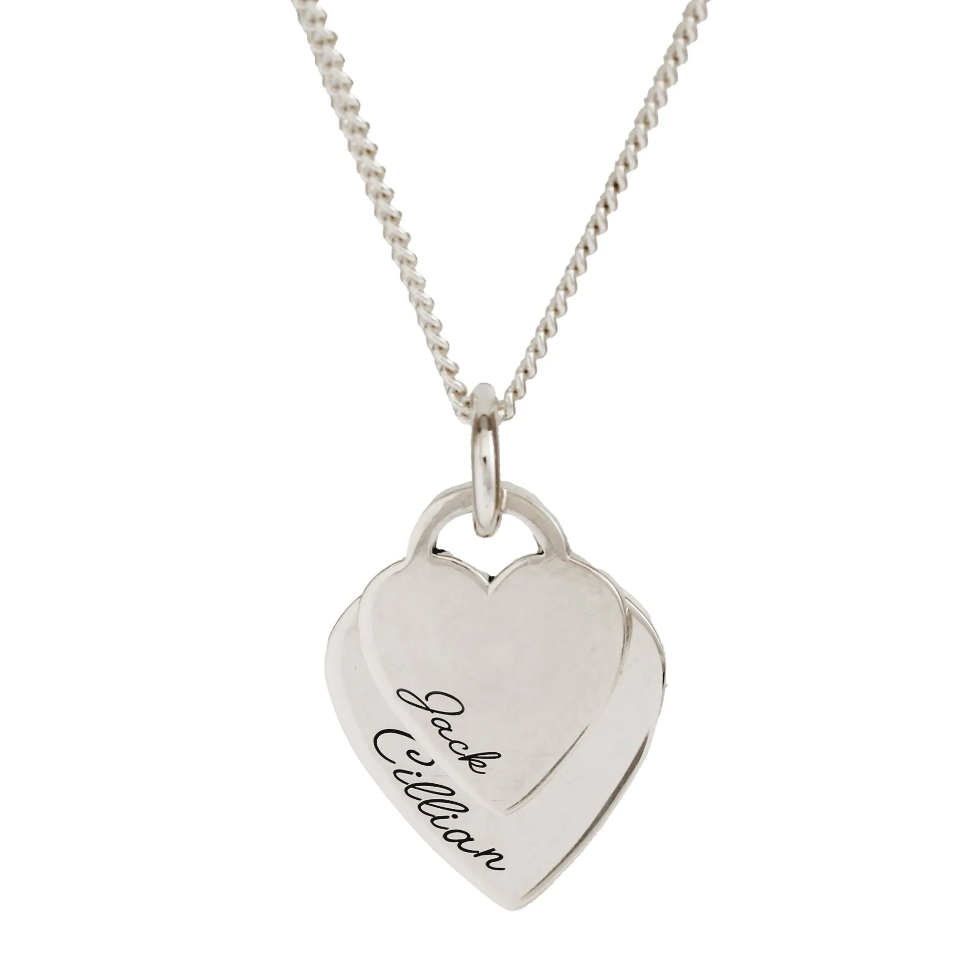 Duo Large Heart Tag Personalised Curve Name Silver Necklace