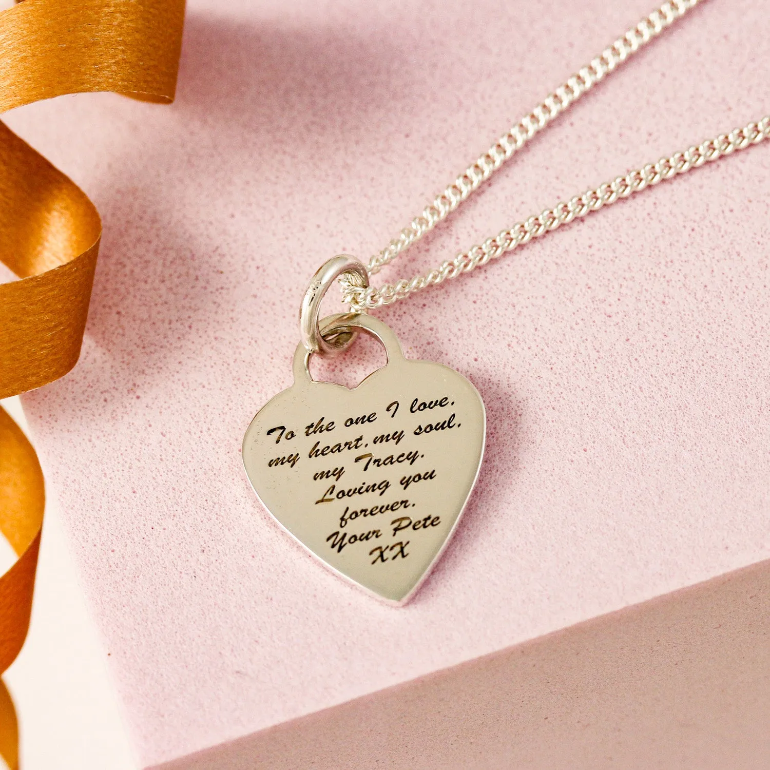 Duo Large Heart Tag Personalised Curve Name Silver Necklace