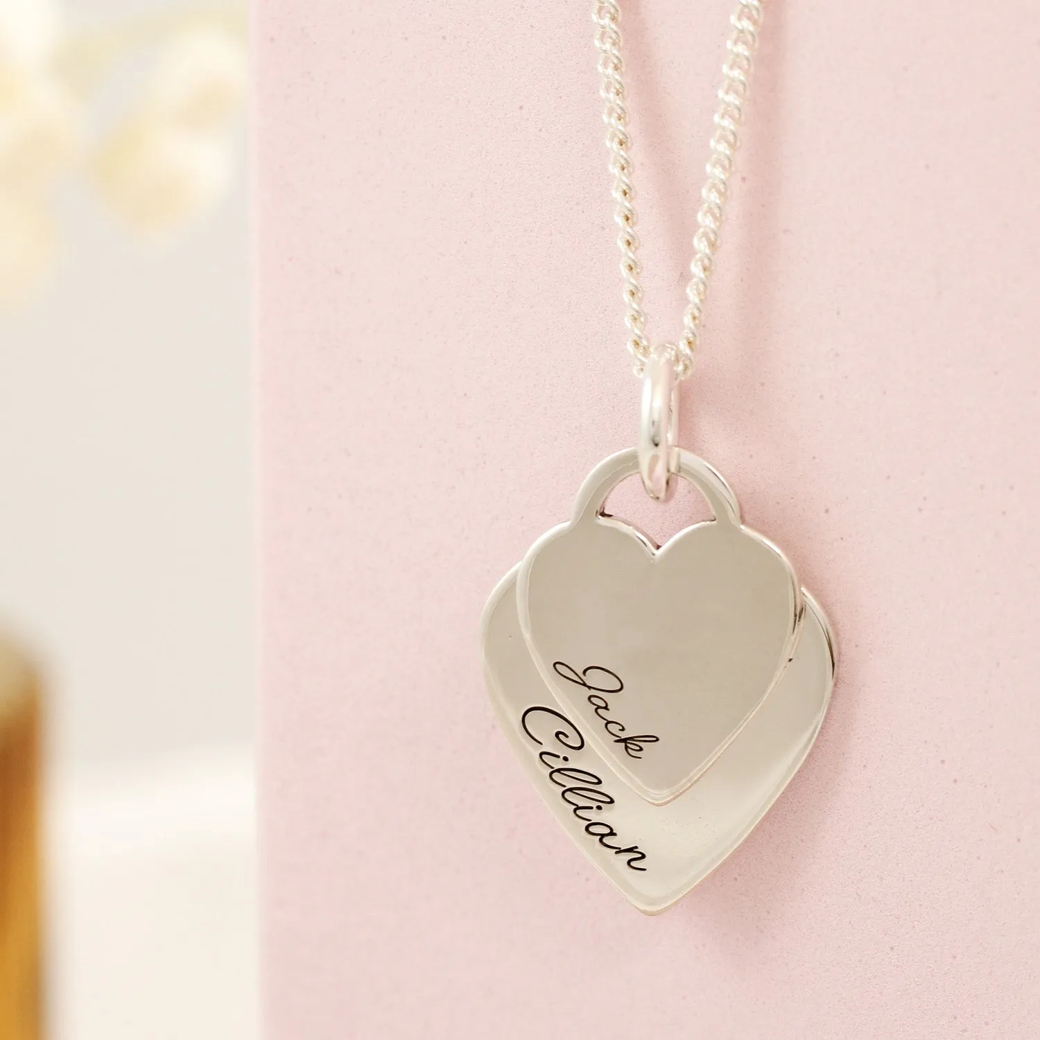 Duo Large Heart Tag Personalised Curve Name Silver Necklace