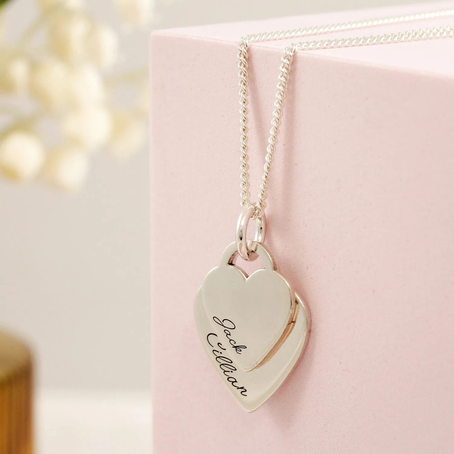 Duo Large Heart Tag Personalised Curve Name Silver Necklace