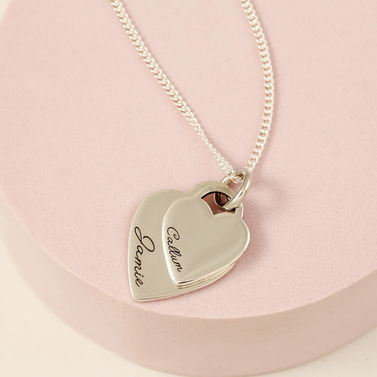 Duo Large Heart Tag Personalised Curve Name Silver Necklace