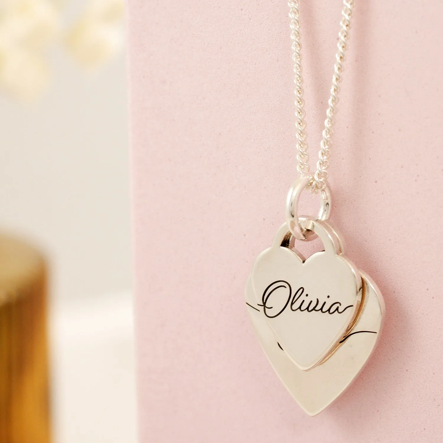 Duo Large Heart Tag Personalised Script Name Silver Necklace