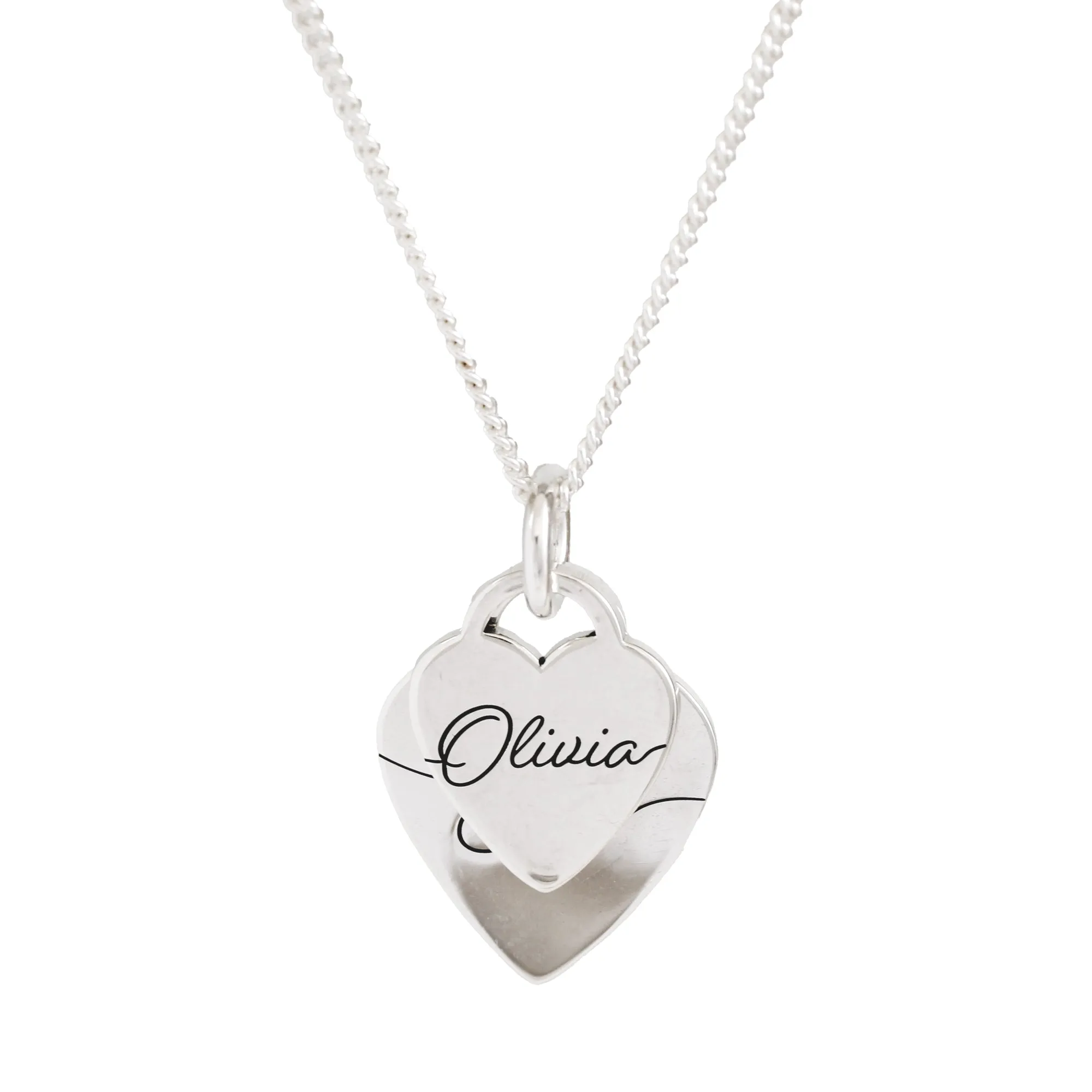 Duo Large Heart Tag Personalised Script Name Silver Necklace