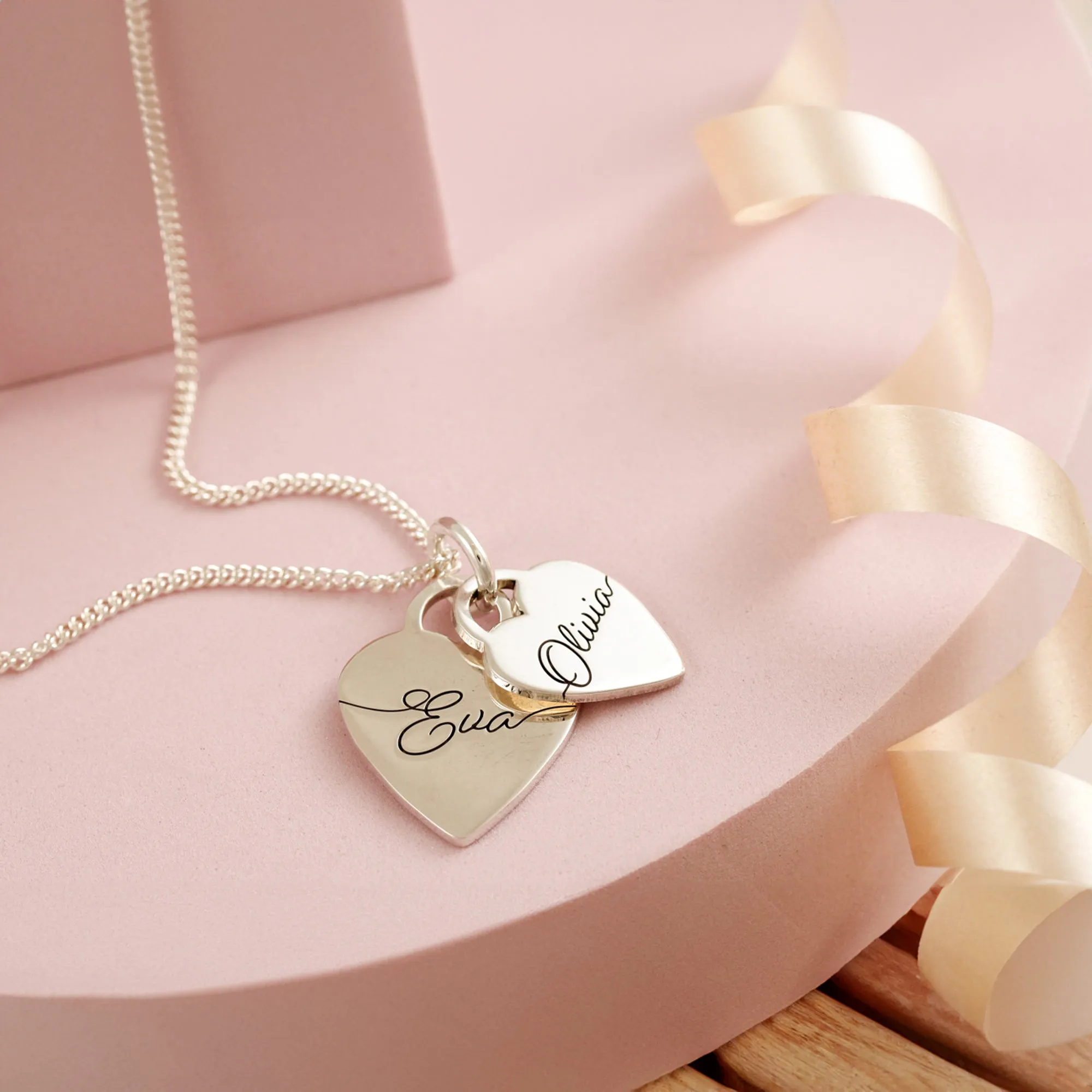 Duo Large Heart Tag Personalised Script Name Silver Necklace