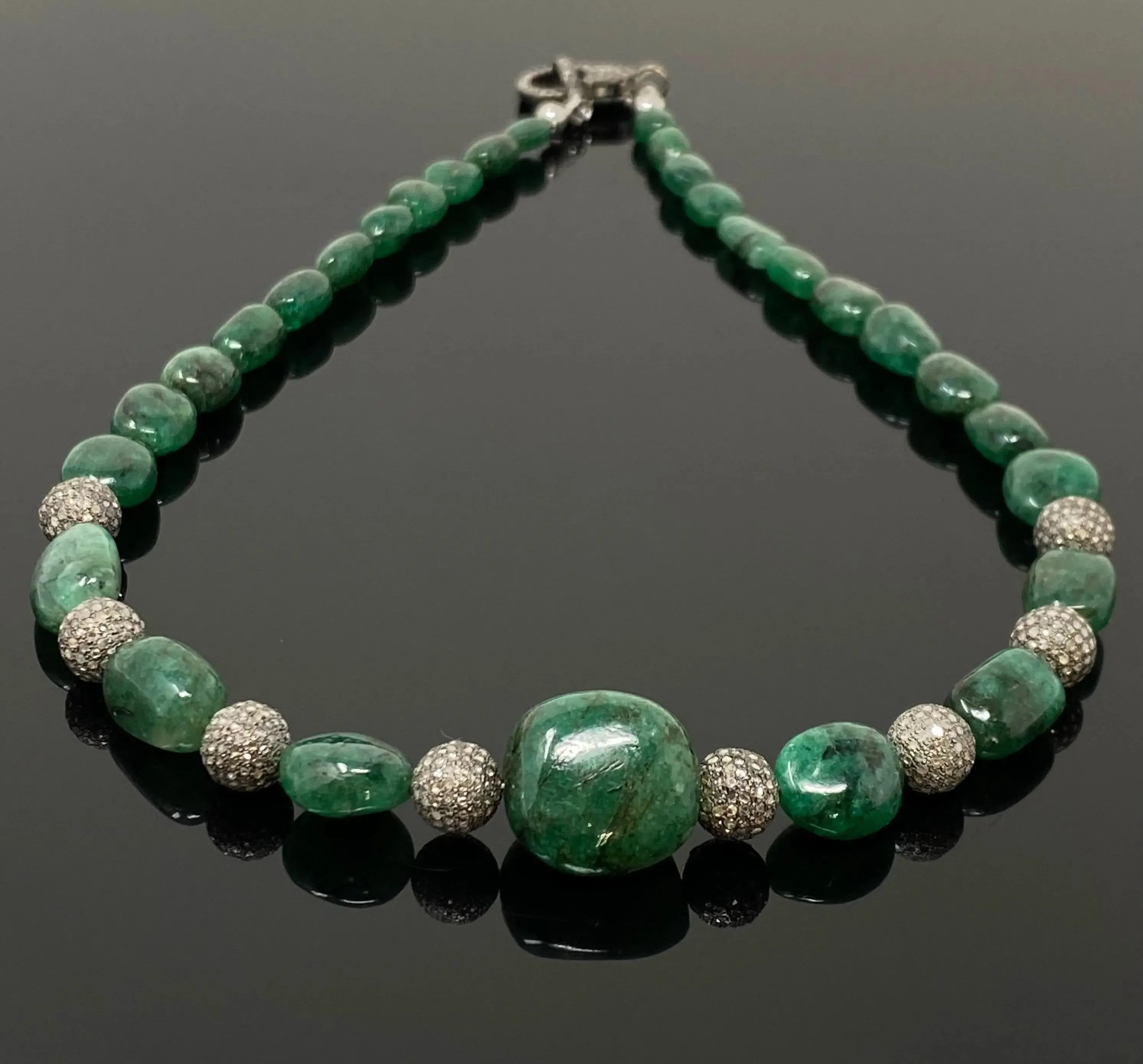 Elegant 16.25” Zambian Emerald Nugget Necklace with Pave Diamond Accents