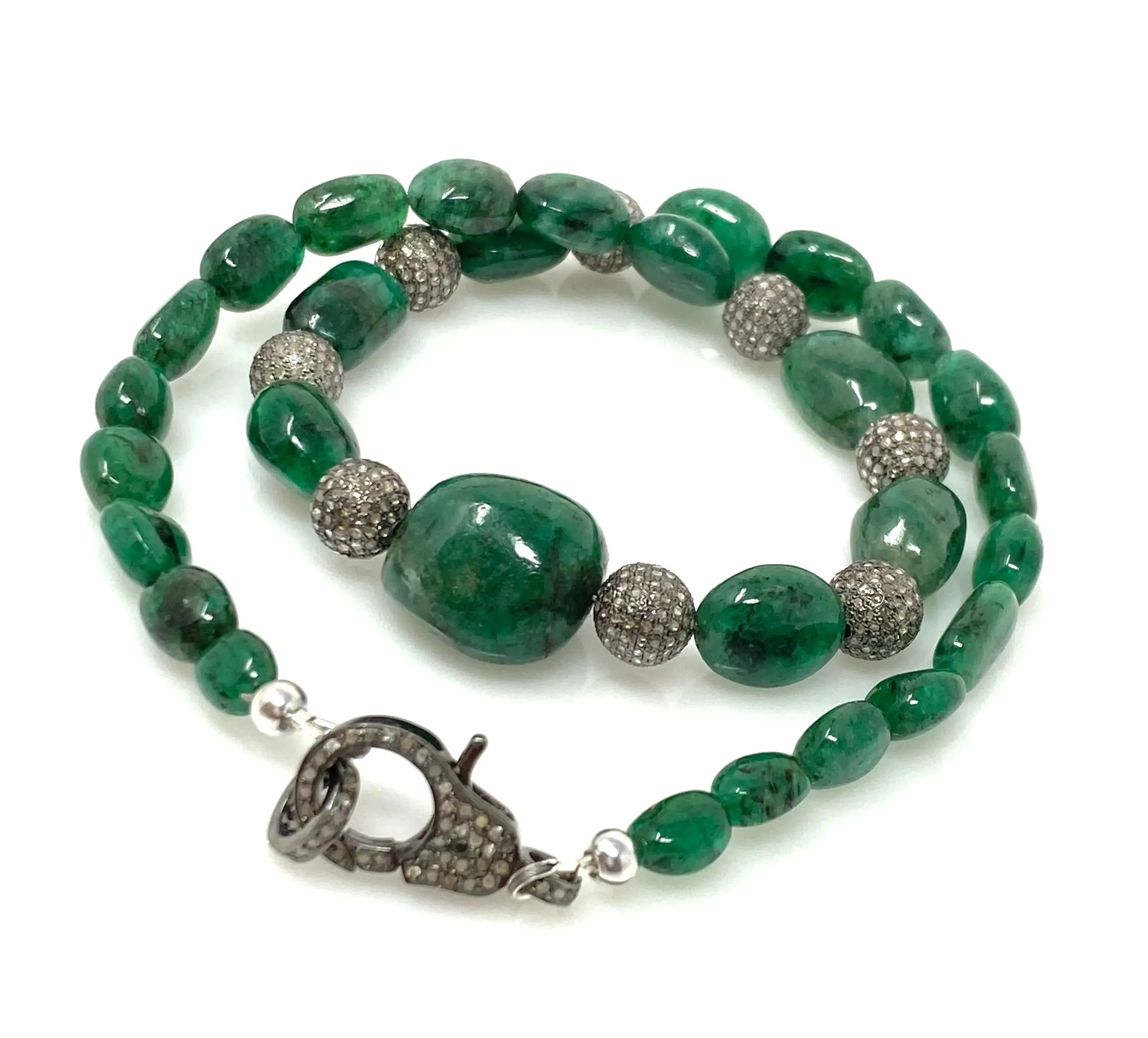 Elegant 16.25” Zambian Emerald Nugget Necklace with Pave Diamond Accents