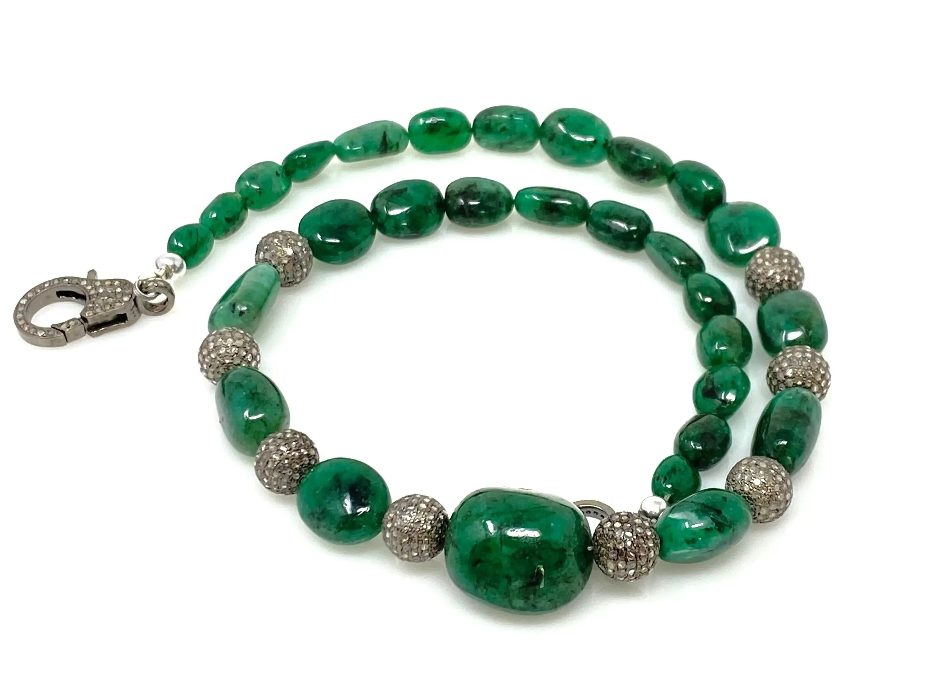 Elegant 16.25” Zambian Emerald Nugget Necklace with Pave Diamond Accents