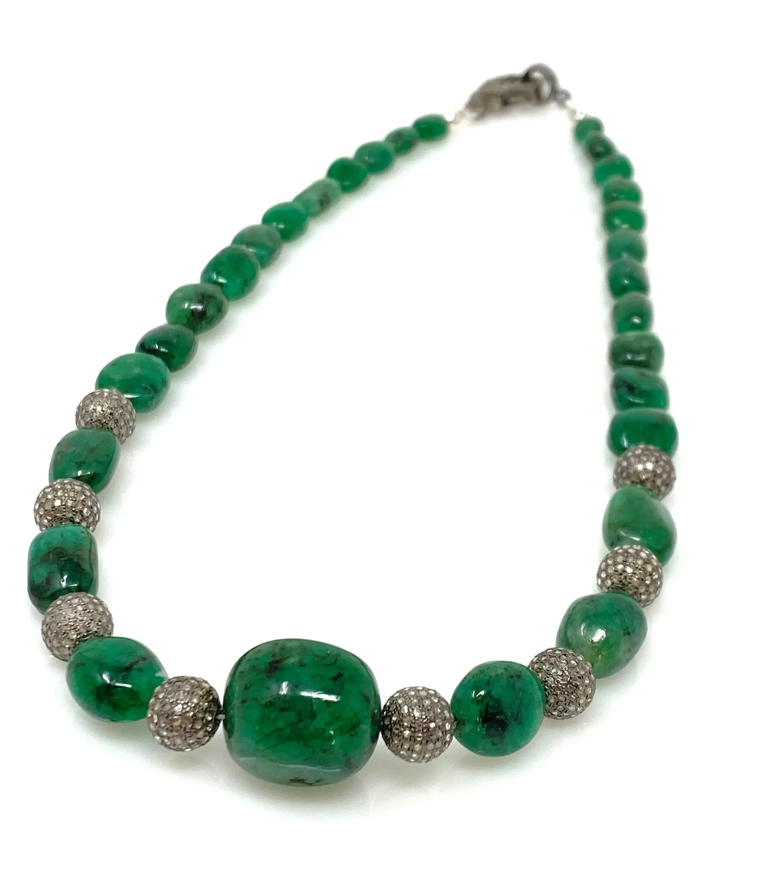 Elegant 16.25” Zambian Emerald Nugget Necklace with Pave Diamond Accents