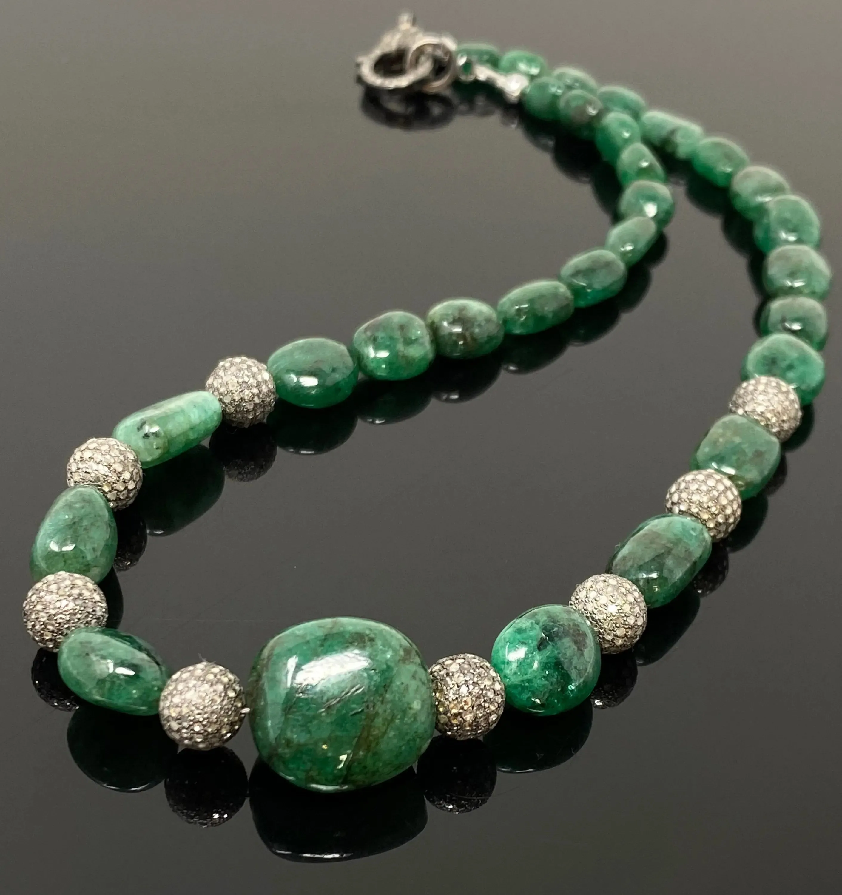 Elegant 16.25” Zambian Emerald Nugget Necklace with Pave Diamond Accents