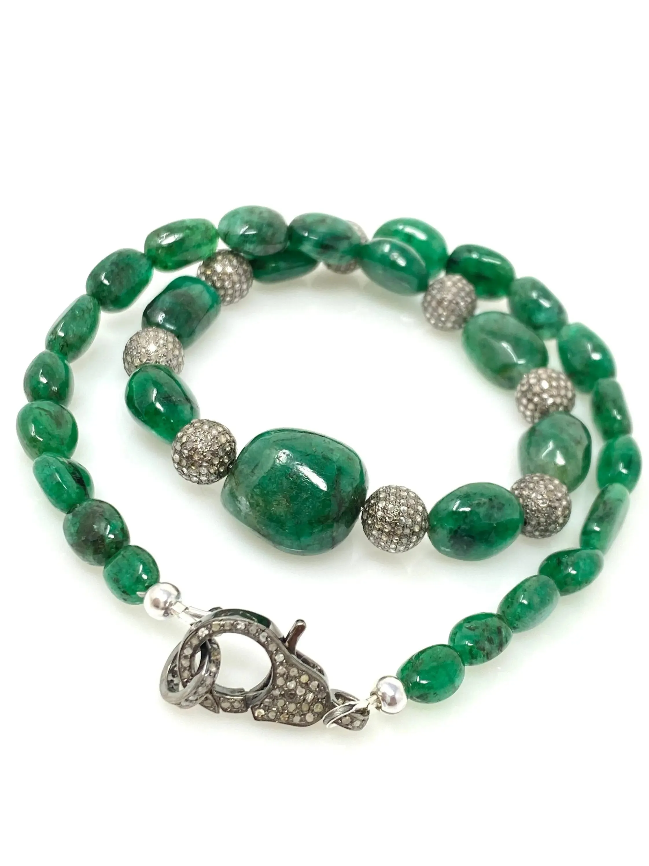 Elegant 16.25” Zambian Emerald Nugget Necklace with Pave Diamond Accents