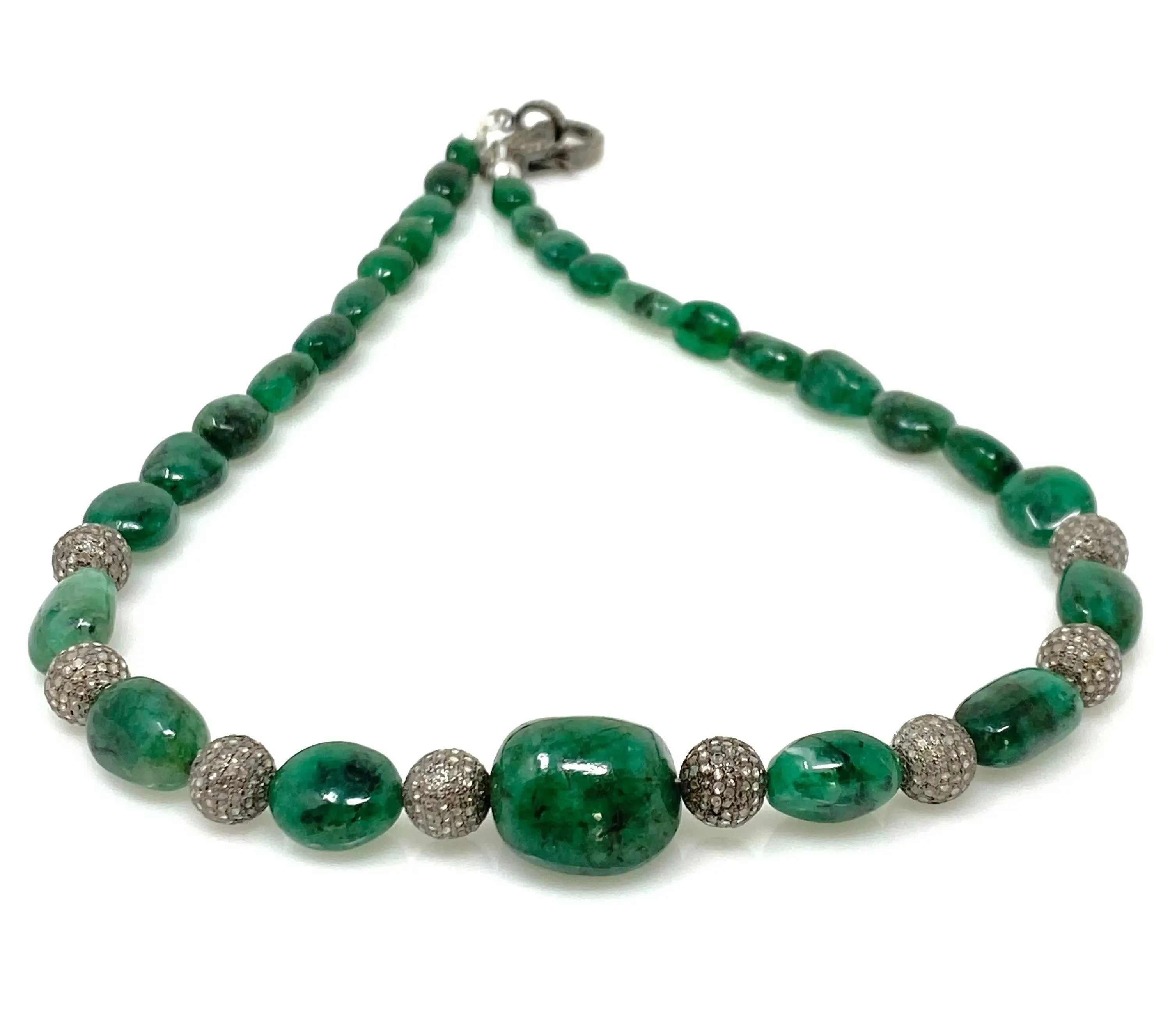 Elegant 16.25” Zambian Emerald Nugget Necklace with Pave Diamond Accents