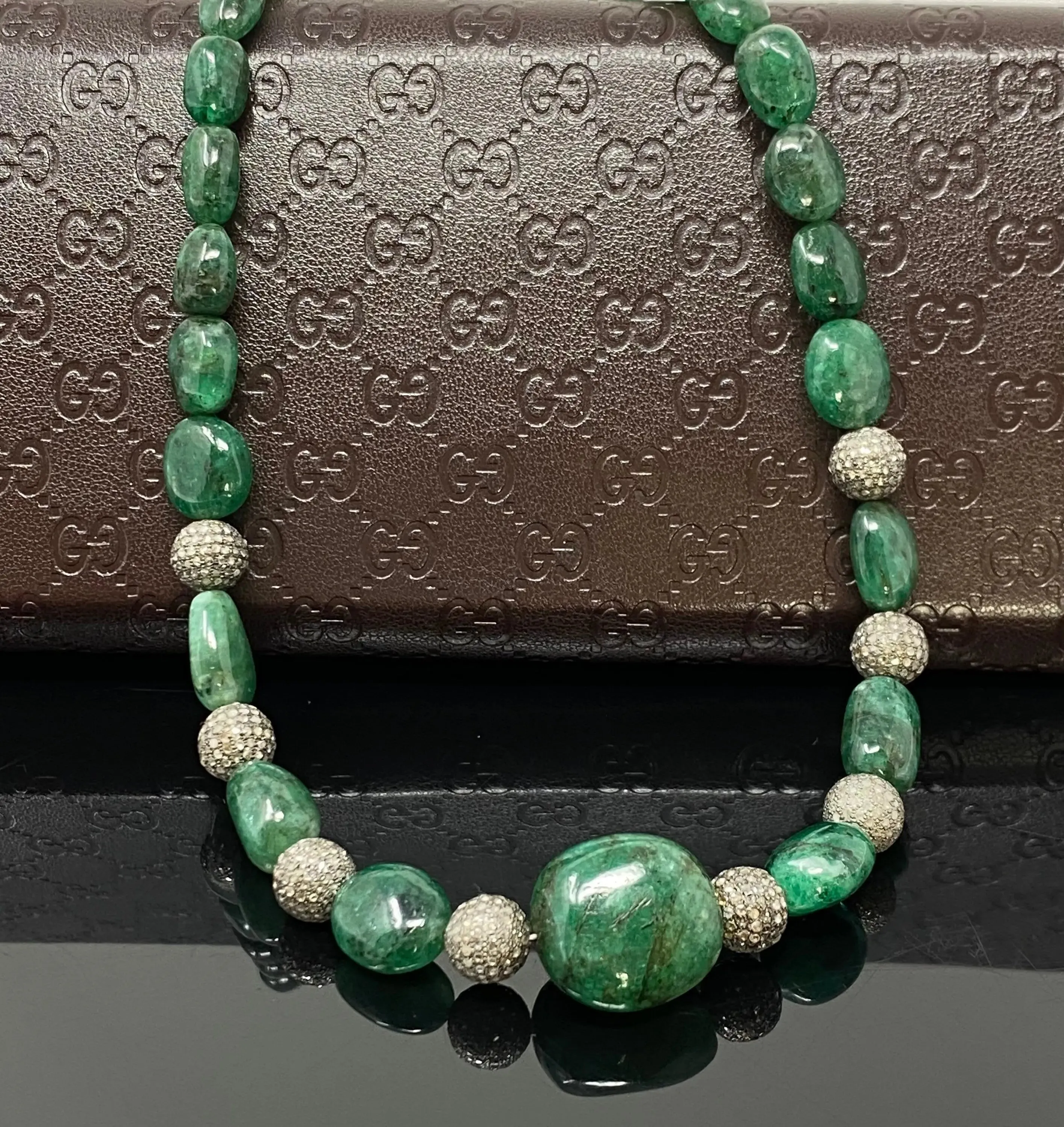 Elegant 16.25” Zambian Emerald Nugget Necklace with Pave Diamond Accents